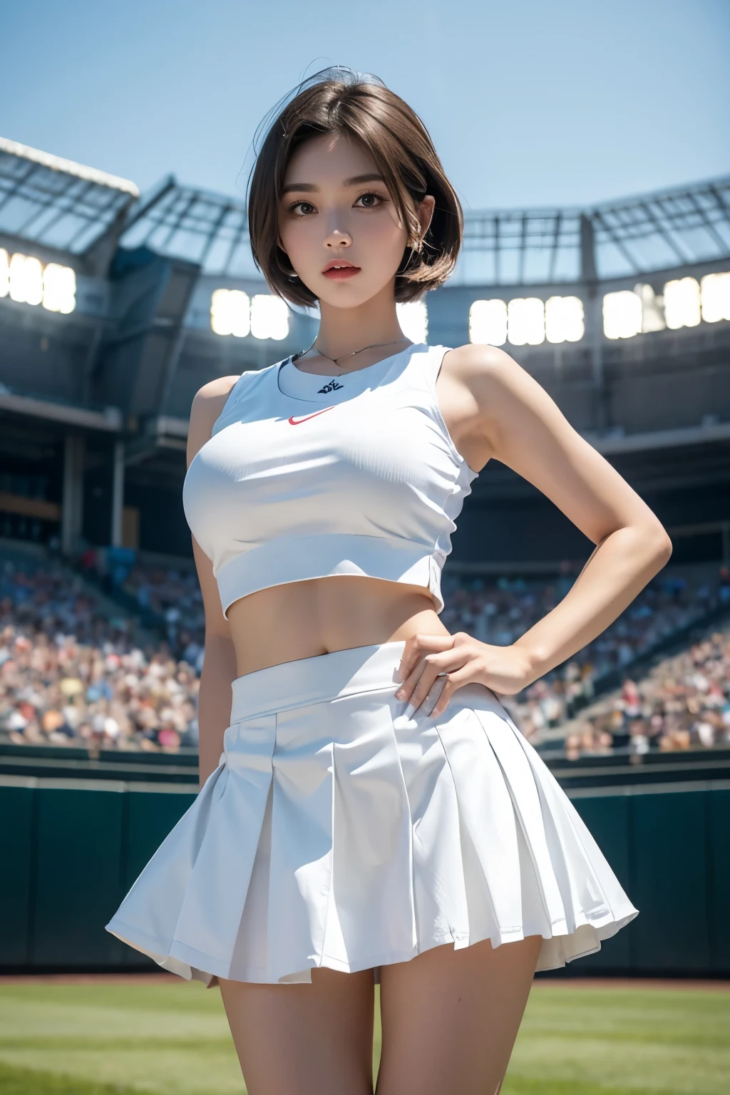 White sleeveless cut and sew, (ultra super mini skirt), dynamic pose, masterpiece, high definition, 24K, big breasts, too short skirt, baseball field mound, colorful, from below