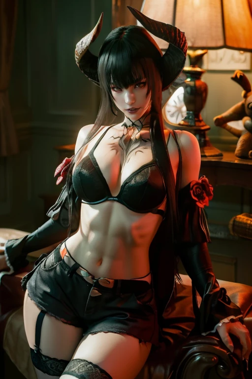 Eliza from Tekken, in a black bra with a blouse falling off her shoulders, in short shorts, sensual look, in the living room of her house relaxing, soft orange light over the environment at dusk