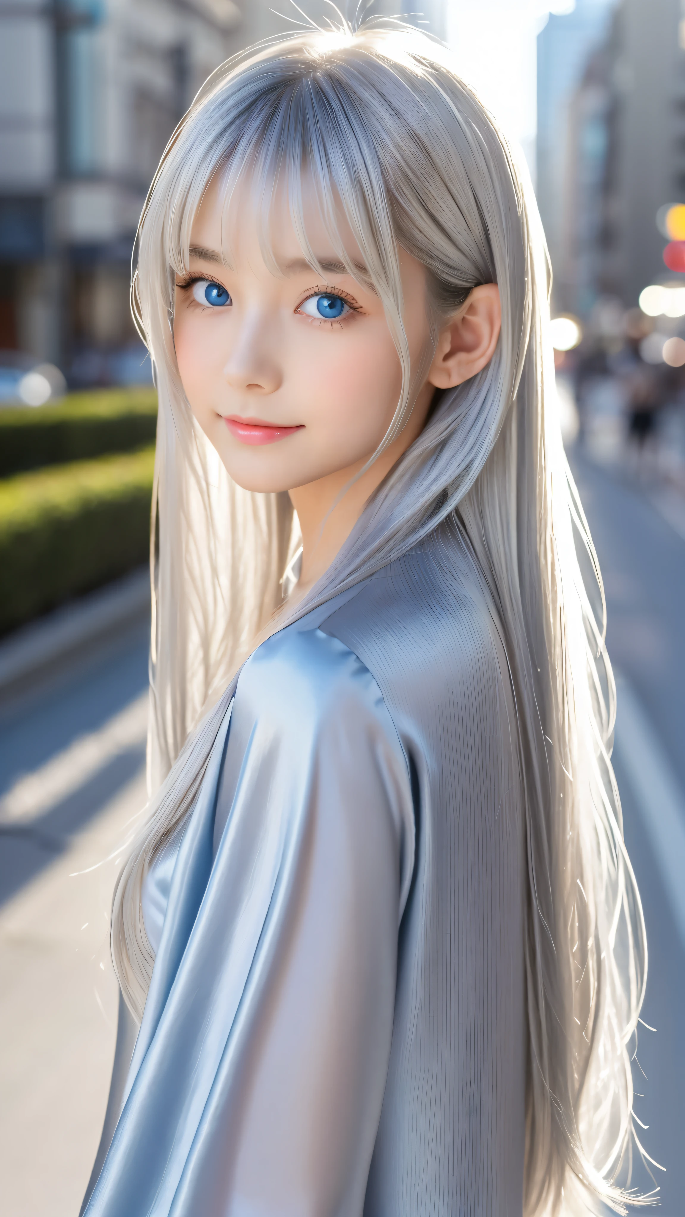 Shining, clear, white skin、Her windblown silver hair hides her beautiful face.、huge、28 years old cute sexy little beautiful face、Beautiful straight hair that stands out、growing up, Sparkling light blue eyes、long silky bangs that cover cute eyes, Sexy and cute young woman with super long hair hiding her sexy face、shining silver hair
