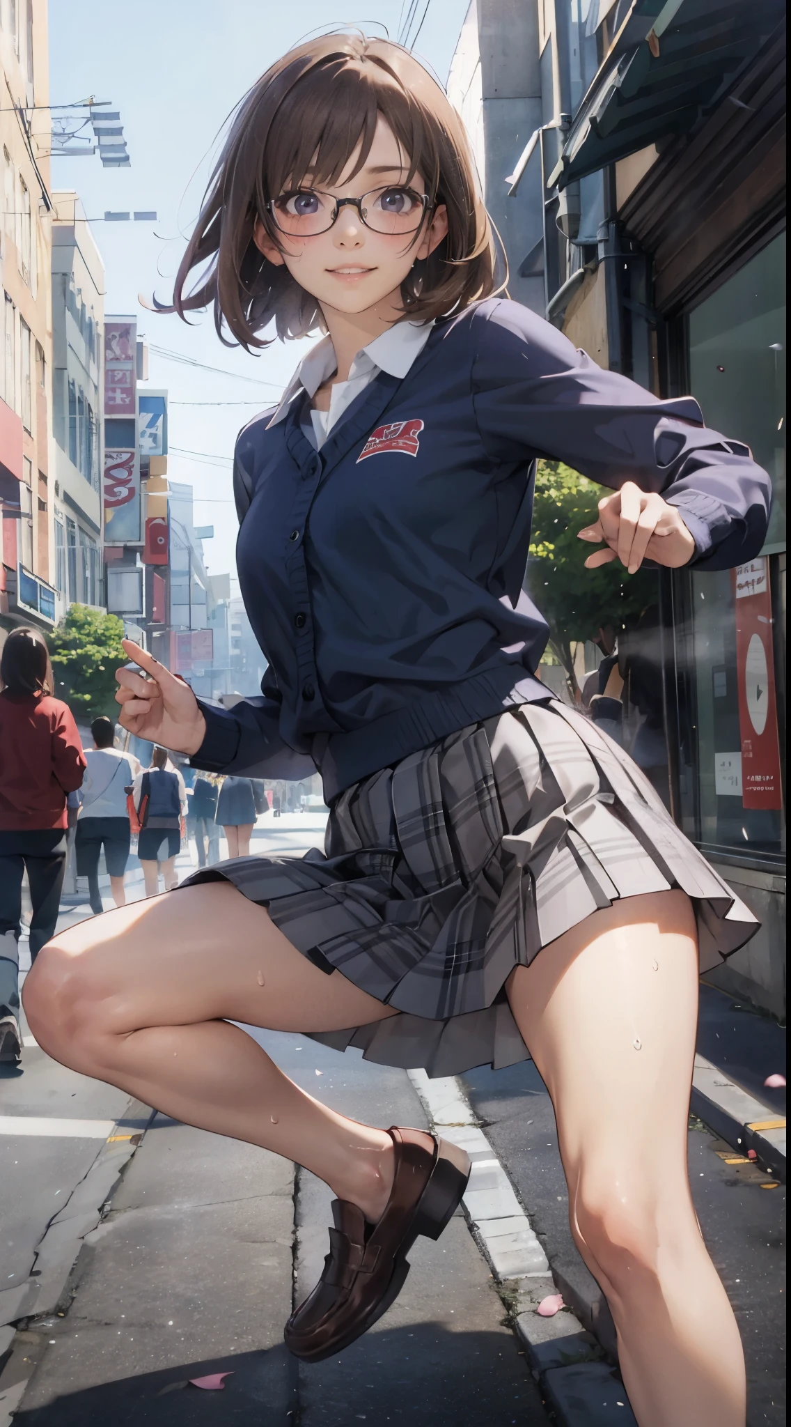 (super flat, flat shading), Honors Type, Really blushing, , high school girl, wearing long sleeve shirt and plaid pleated mini skirt, Short bob cut brown hair, Glasses, sweaty healthy body, mesugaki smile, bare legs, loafers, ultra realistic, early morning, breeze skirt lift, (spread legs:1.0), (dynamic pose), in crowded street,