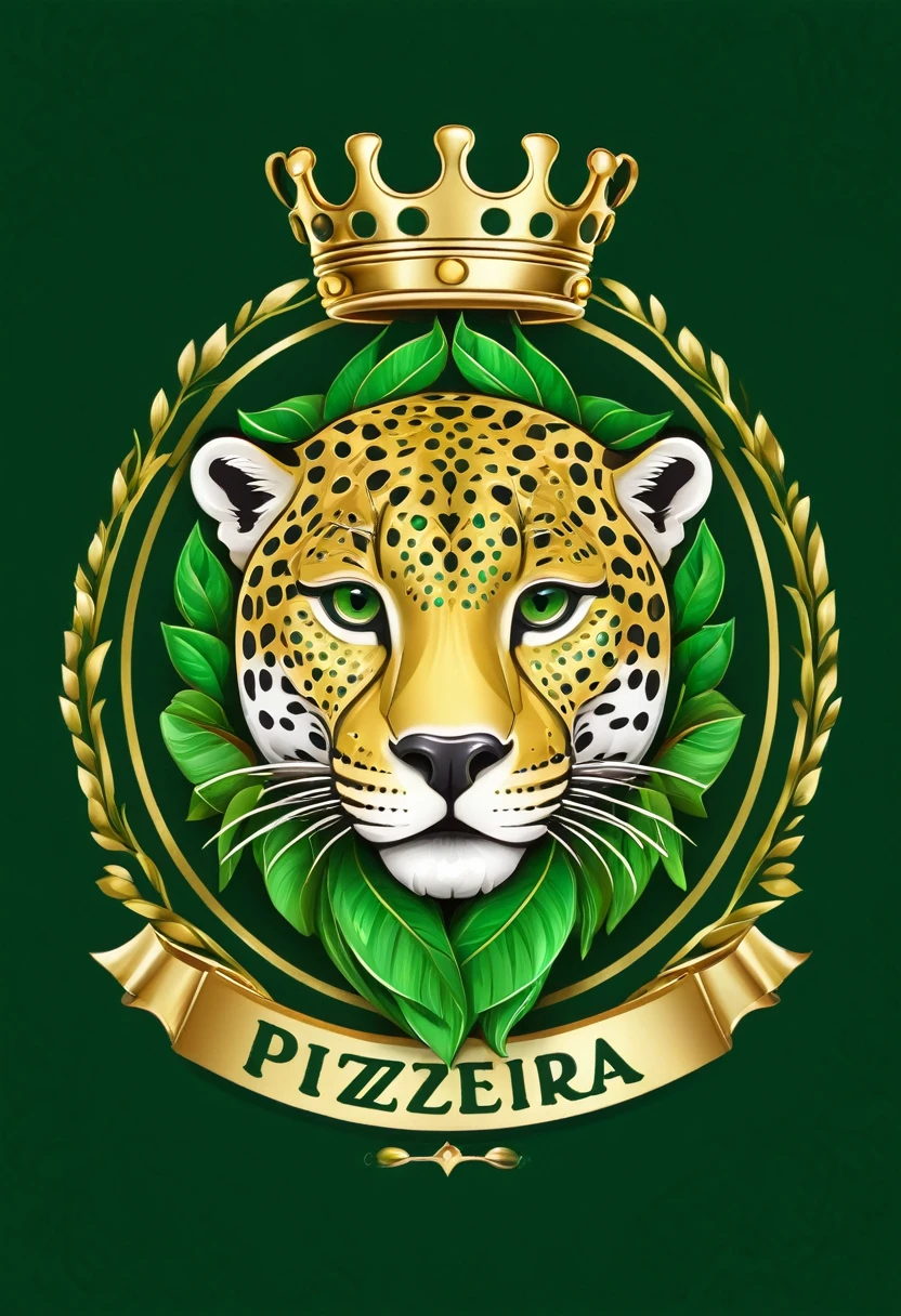 logo for pizzeria, un animal jaguar con prendas de oro, joyas, anillos y una corona de hojas verdes estilo de la cultura maya observando una greca dorada que en el centro tiene un rica pizza