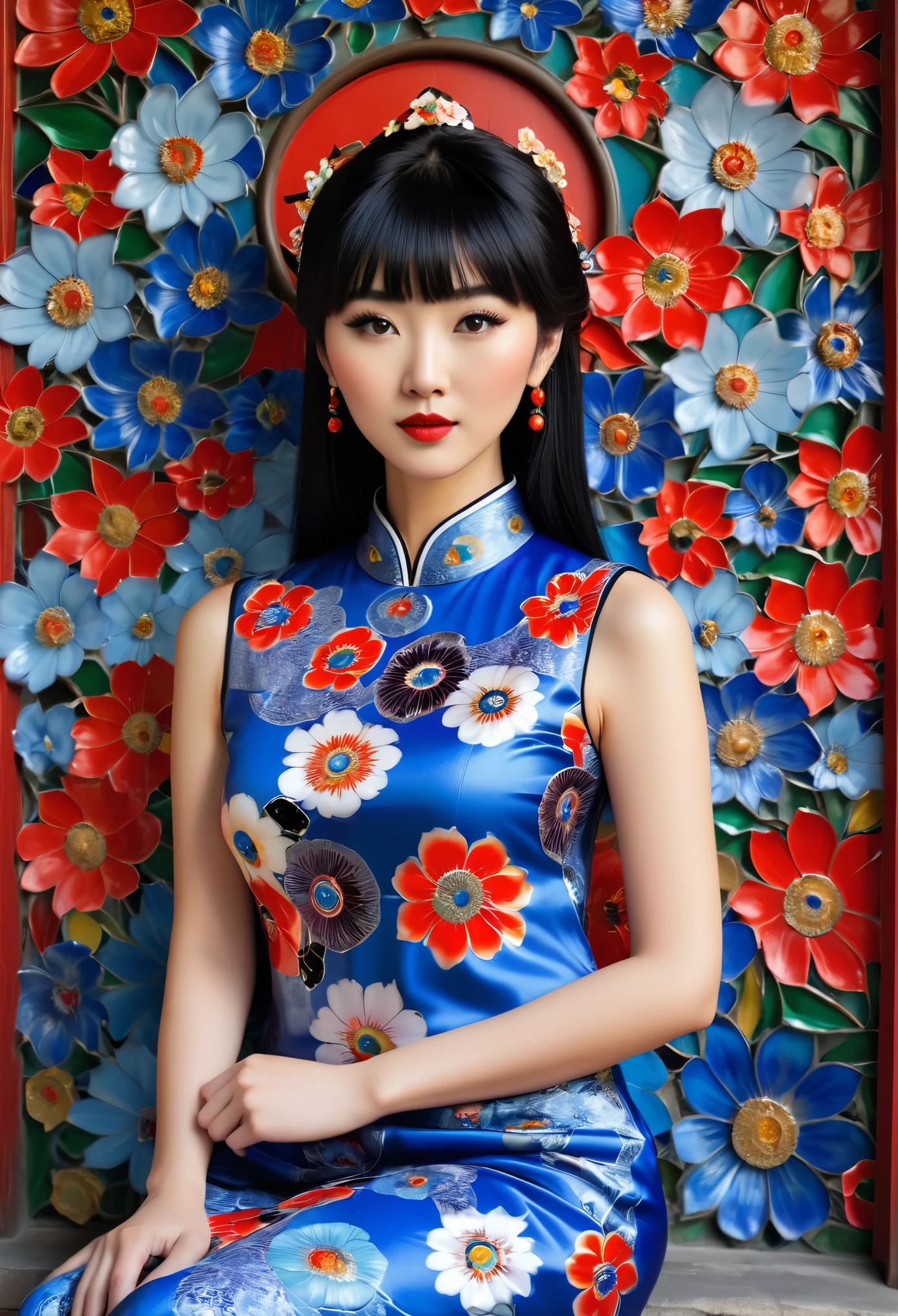  ,Millefiori glass style，Chinese beauty, wearing a blue sleeveless top with a floral pattern and black hair bangs, sitting in front of a wall behind her is an ancient Chinese gatehouse door. Blue peony flowers are on her head, she is wearing red lipstick, in a front view, closeup shot. It is a 3D rendering of a full body photo in the style of an ancient Chinese artist.