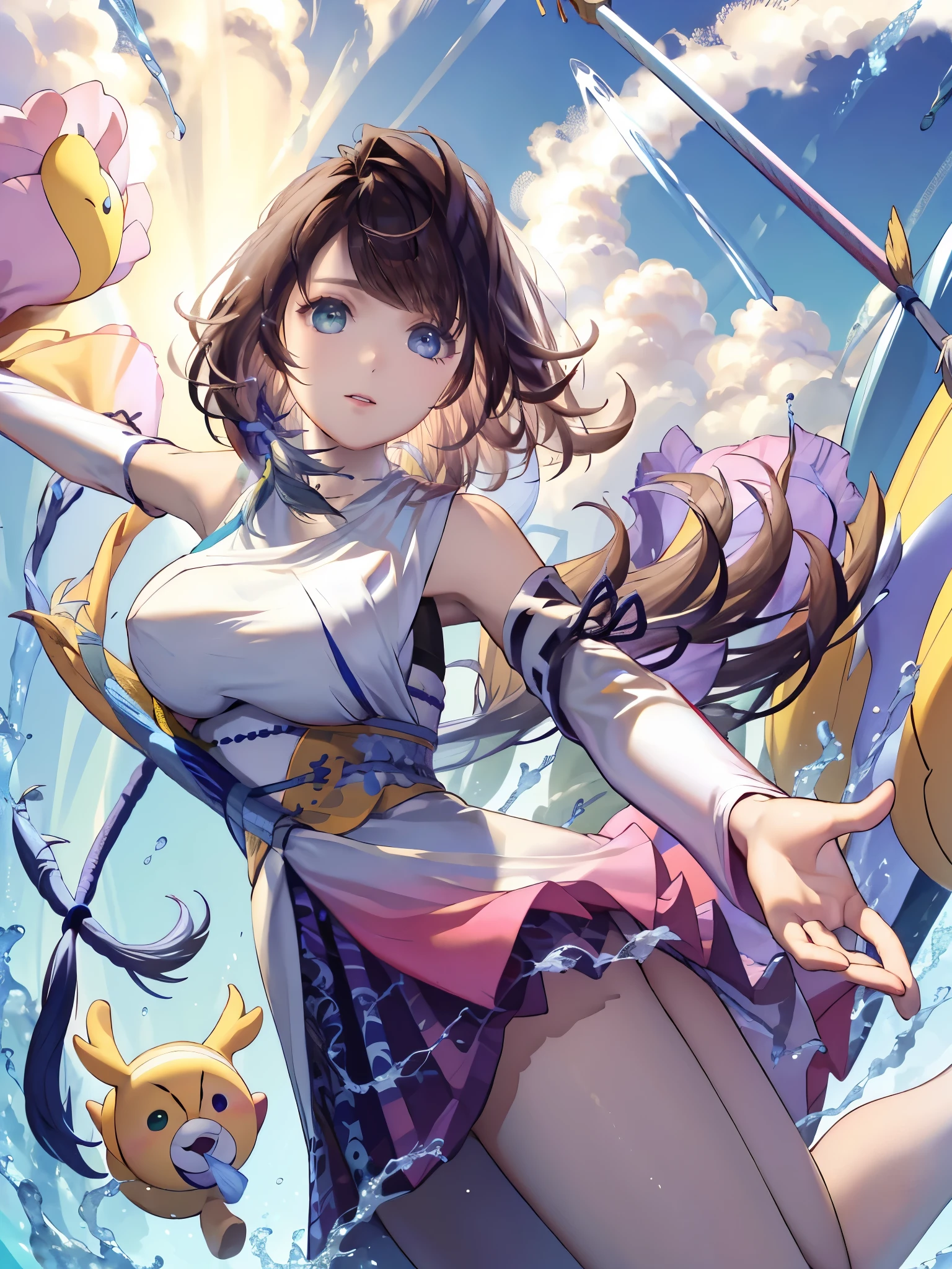 (1 chica),(alta calidad), (high resolution), (extremadamente detallado), (8k),(tiro en la parte inferior del cuerpo),(computer generated illustration)yunaffx、heterochromiacabello corto,yunaffx、heterochromia、cabello corto、YunaTraje、adornos para el cabello、Extraction sleeve、Asimismo、Banda、Asimismo skirt、Falda larga,(Beautiful shape of erect nipple),high resolutionの美しい目,(neutral white lighting:1.2),