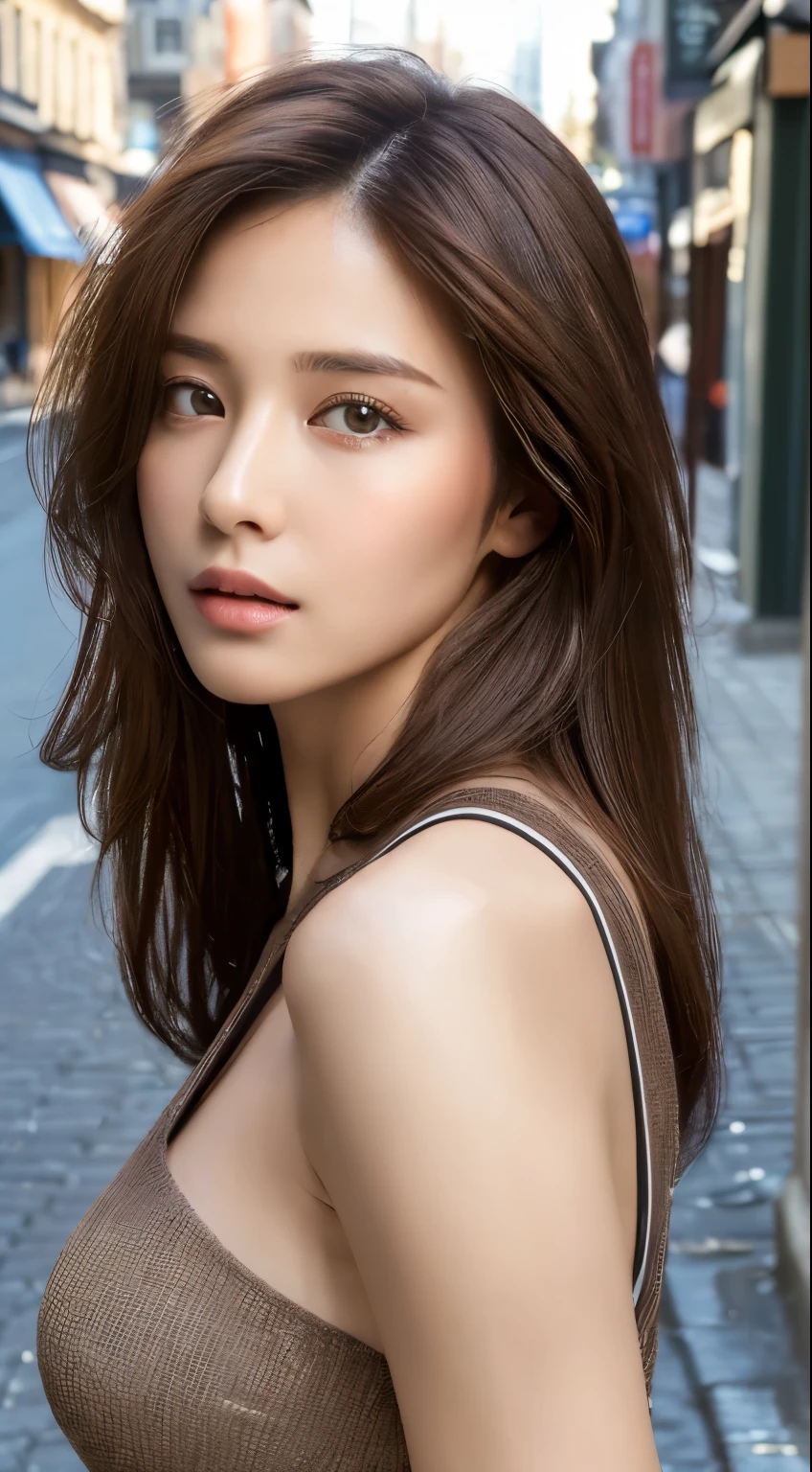 ((highest quality, 8k, masterpiece :1.3)), Sharp focus :1.2, Perfect body beauty: 1.4, Slim Abs: 1.2, ((Dark brown hair, : 1.2)), (Natural light, City Street: 1.1 ), Highly detailed face and skin texture, Fine grain, double eyelid, (((Dynamic Angle)))