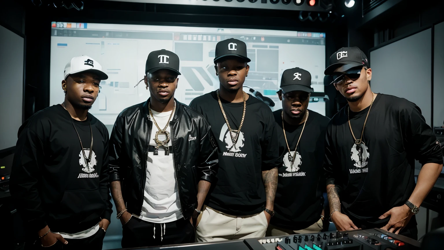 a rap group in the studio
