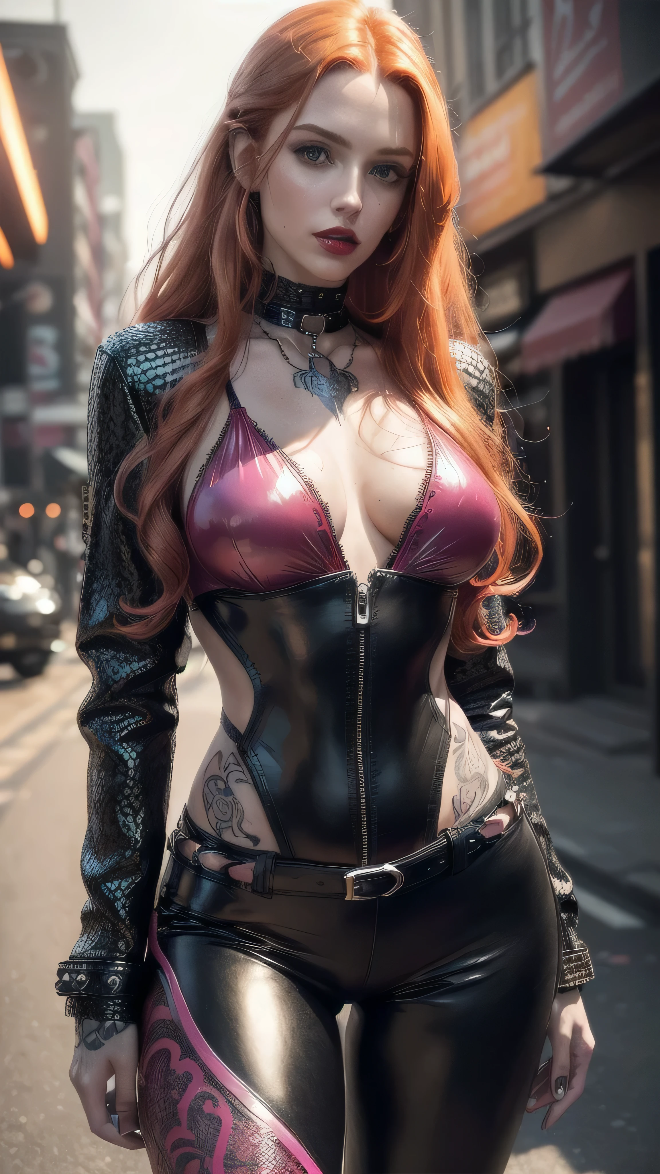 (masterpiece), (extremely intricate:1.3), (realistic), girl, (((long curly [blonde hair:bright ginger hair:0.4], (([flat chest:medium breasts:0.8])), upper body, makeup:1.6, leather pants, (perfectchainmail black jacket, open, red lips, bright sunlight, sunset, tattoo:1.4, hotpink lace swimsuit)))), outdoors, metal reflections, ((((futuristic cyberpunk street, dangerous)))), professional photograph, soft focus, dramatic, award winning, cinematic lighting, volumetrics dtx, (film grain, blurry background, blurry foreground, bokeh, depth of field), 8K
