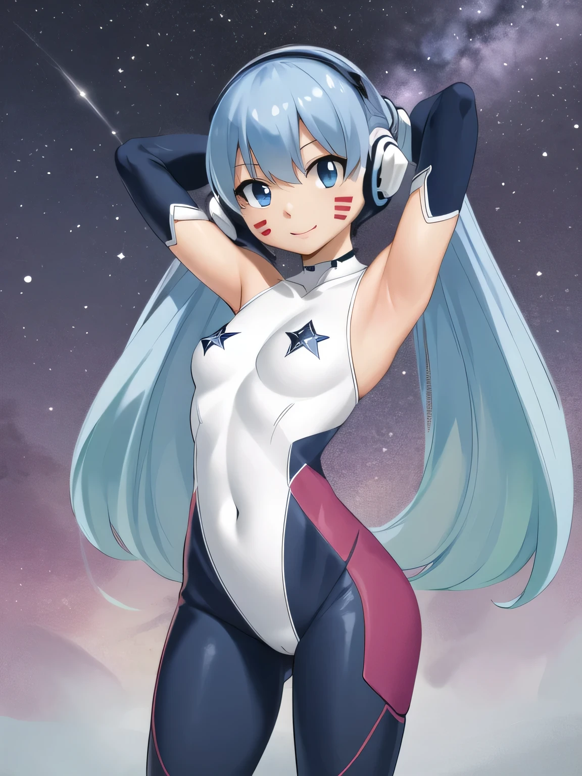 masterpiece, best quality, highres, aamio, long hair, twintails, facial mark, headphones, small breasts, white bodysuit, skin tight, gloves, dynamic pose, contrapposto, spread armpit, arms behind head, smile, solo, looking at viewer, (cowboy shot:1.5), cyberpunk, smile, night sky, beach,