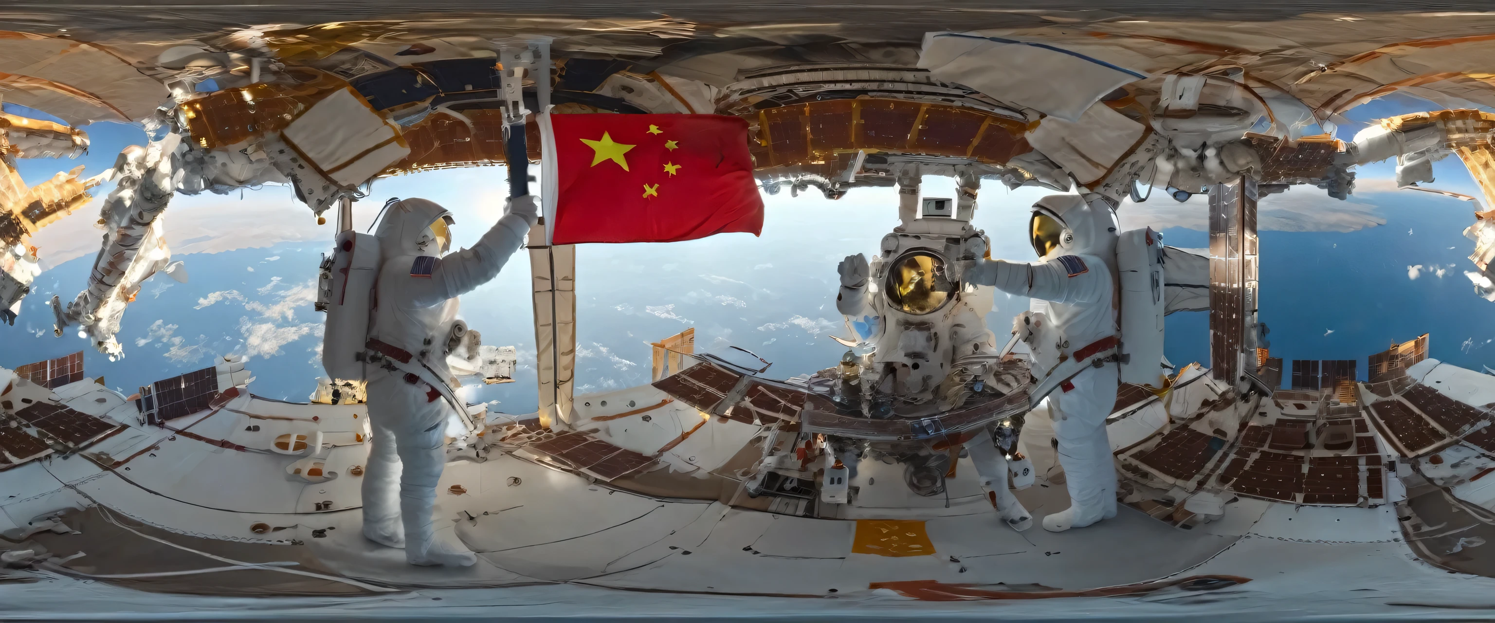 360 view, 360, Movie Stills，Two astronauts perform inspection mission outside the Chinese space station，The Chinese flag is hanging on the space station，Below the space station is the Earth，Very detailed, High Budget, Bokeh, Widescreen movies,