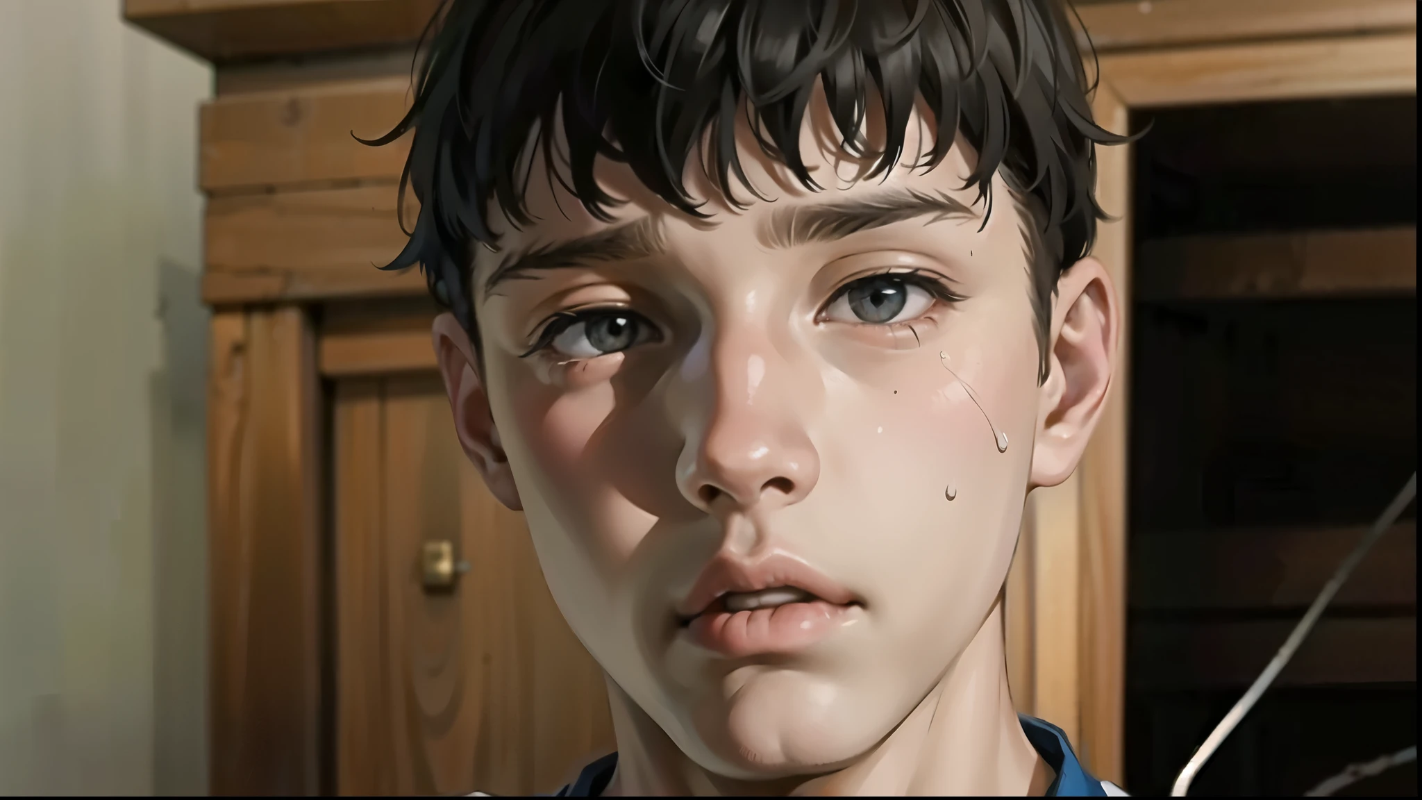A boy in a yellow raincoat, little boy, screaming and twitching in muddy water, which overlapped his face, Why the screams were partially choked, bubbling.