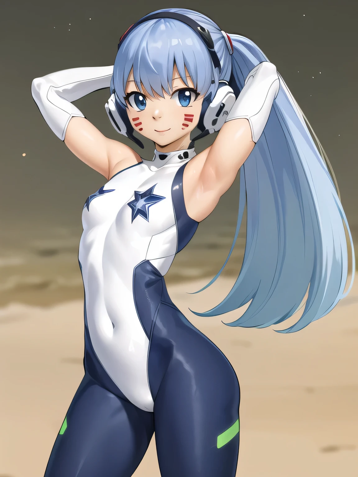 masterpiece, best quality, highres, aamio, long hair, twintails, facial mark, headphones, small breasts, white bodysuit, skin tight, gloves, dynamic pose, contrapposto, spread armpit, arms behind head, smile, solo, looking at viewer, (cowboy shot:1.5), cyberpunk, smile, night sky, beach,