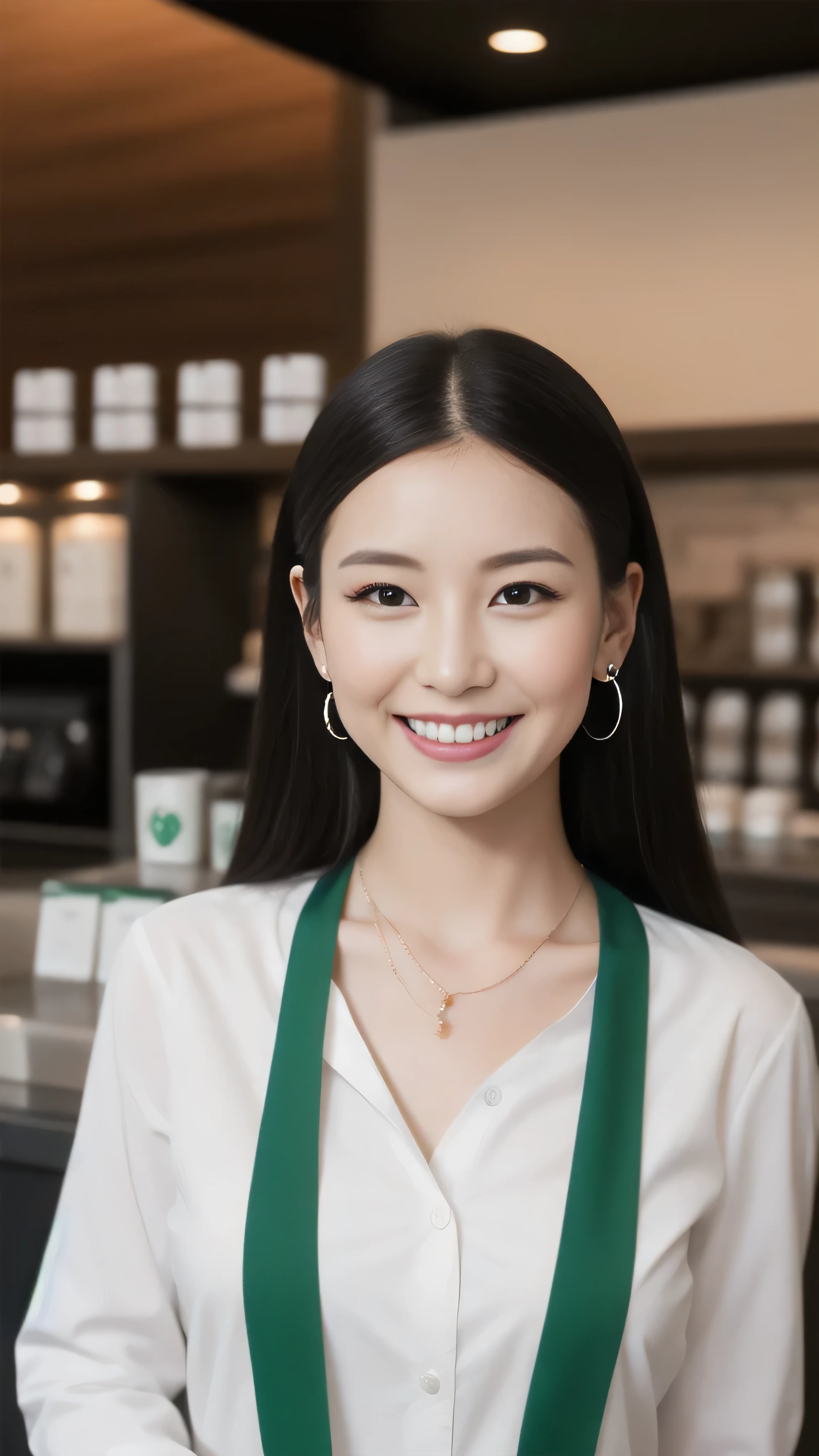 Hostess's face、Married women、Married Woman、Beauty、Starbucks Uniforms、high quality、Super Ultra Realistic、healthy、smile、Perfect figure、Japanese Beauty、 necklace、Earrings、Perfect eyes, beautiful skin、Upper Body、looking at the camera、Starbucks employee