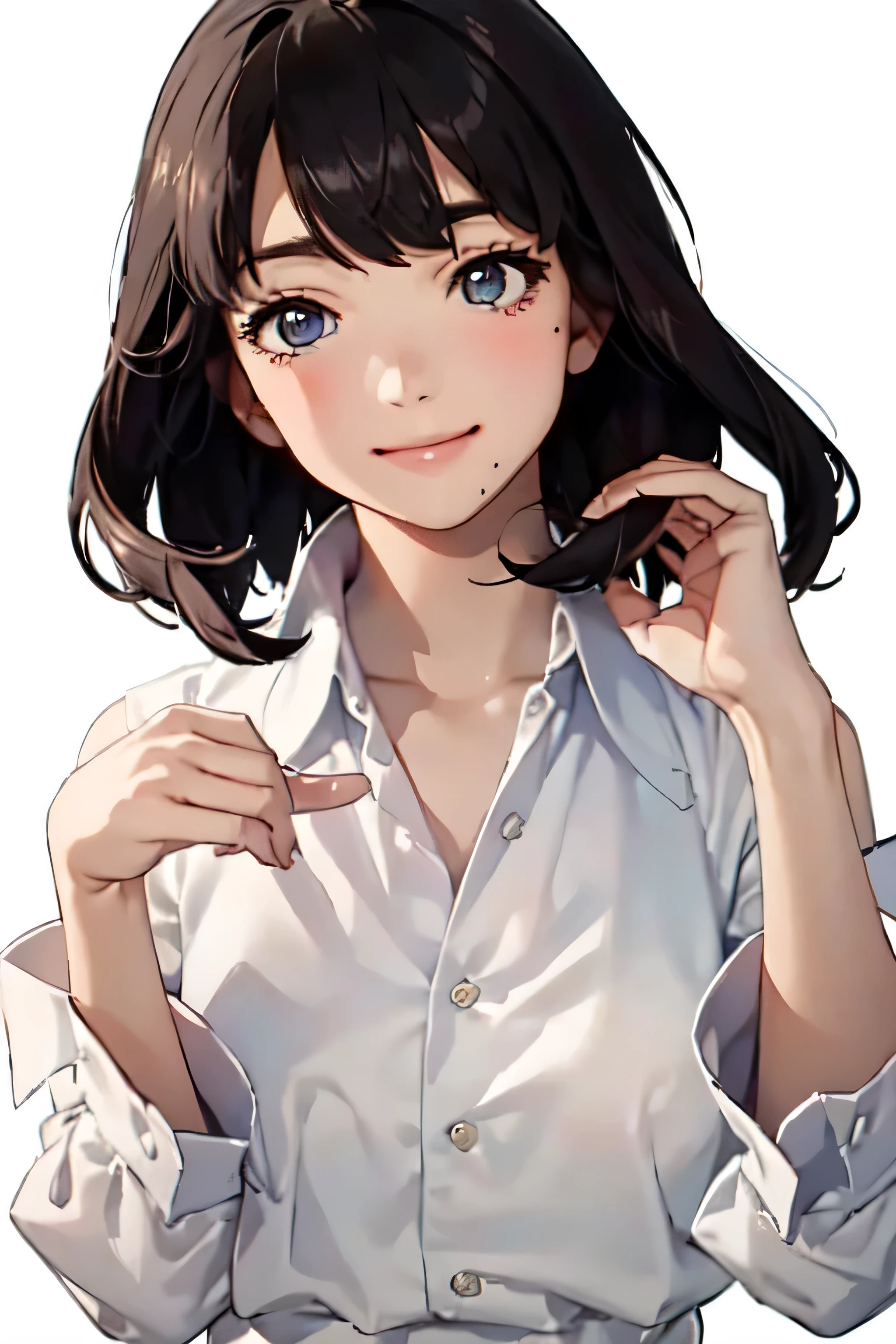 nanakomatsureal, masterpiece, highest quality, Ultra-high resolution, Beautiful fine details, 1 girl, Digital SLR, View your viewers, smile, Are standing, Iris, Black Hair, short hair, Medium chest, White shirt, ((White Background)), 