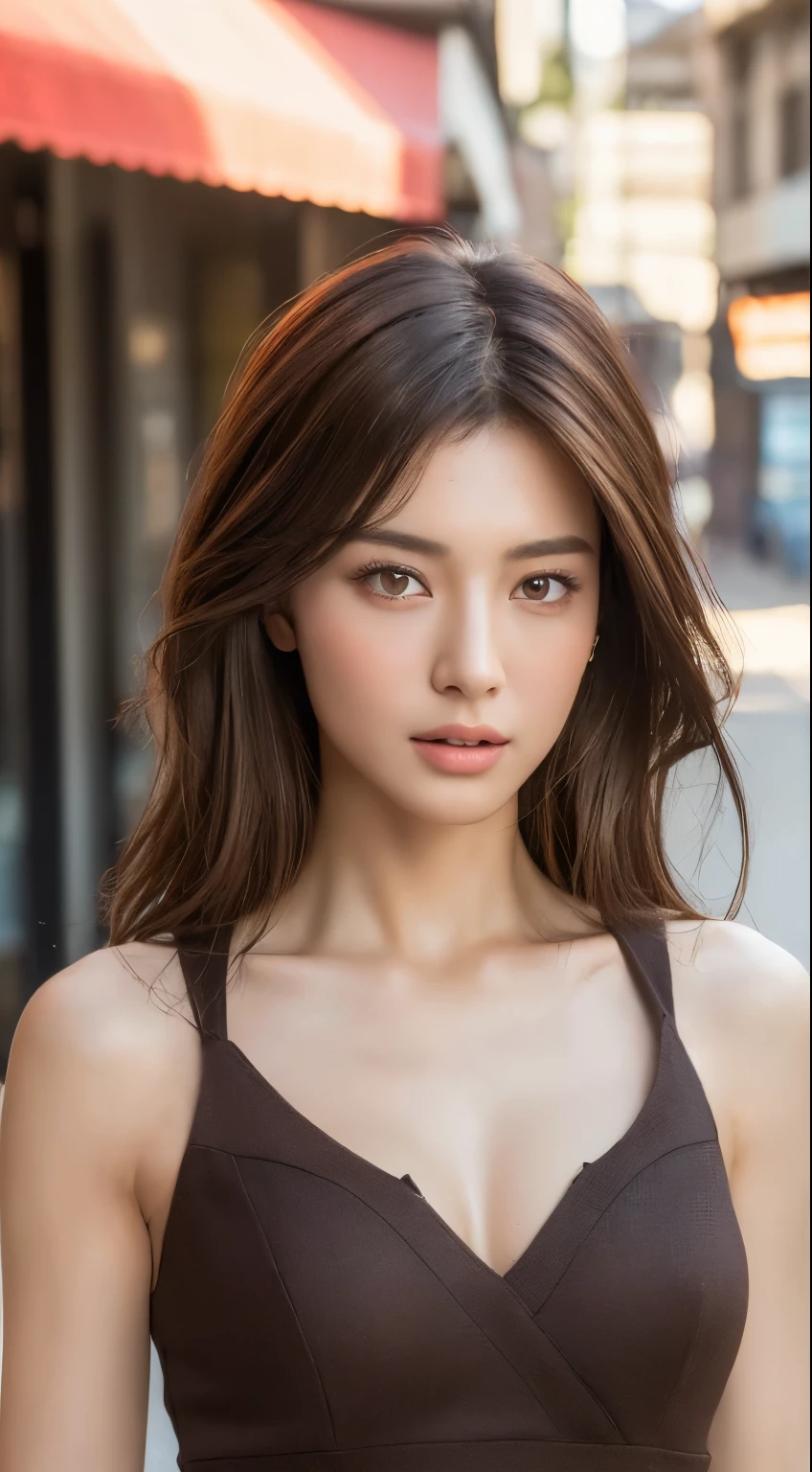 ((highest quality, 8k, masterpiece :1.3)), Sharp focus :1.2, Perfect body beauty: 1.4, Slim Abs: 1.2, ((Dark brown hair, : 1.2)), (Natural light, City Street: 1.1 ), Highly detailed face and skin texture, Fine grain, double eyelid, (((Dynamic Angle)))