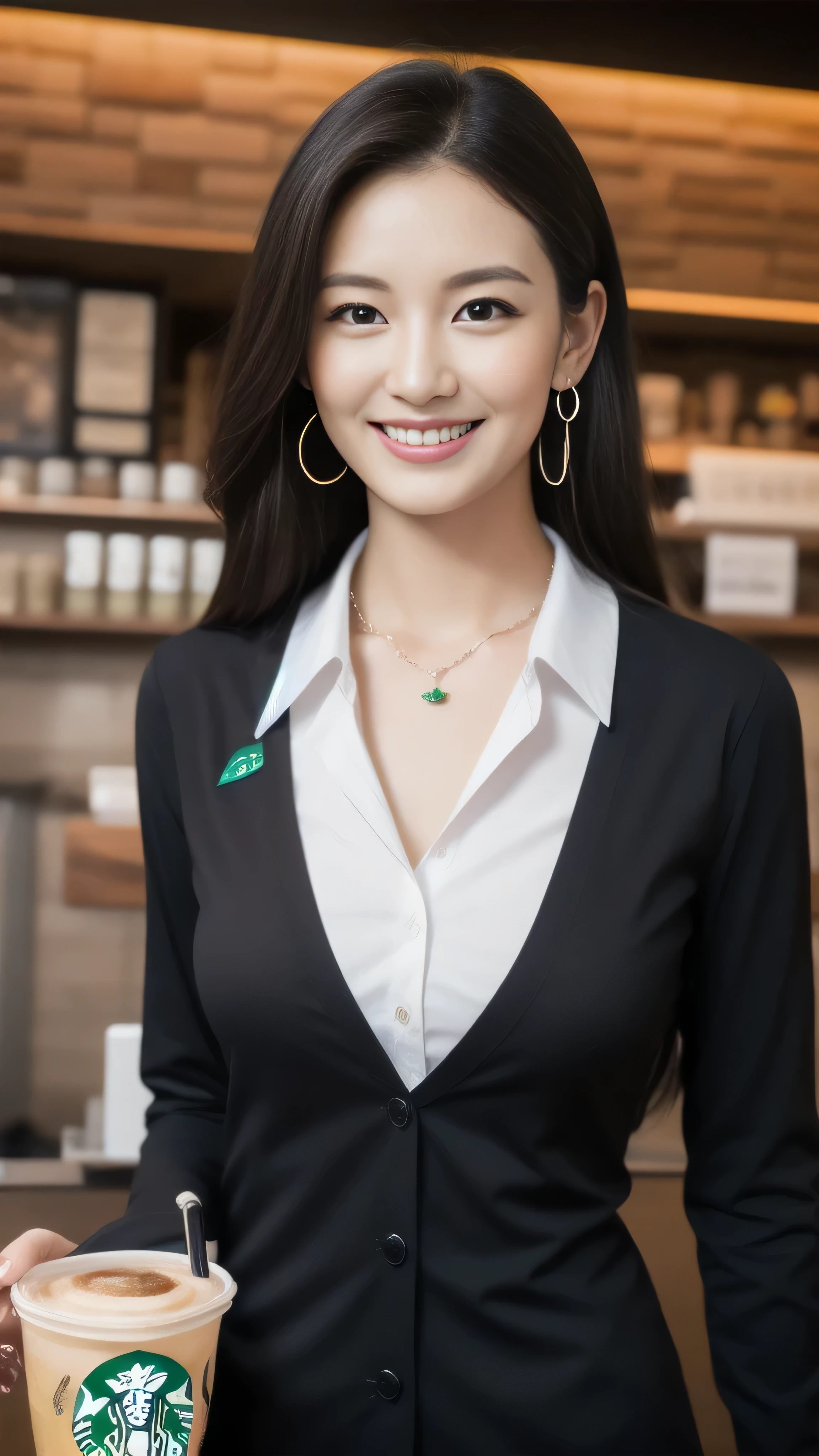 Hostess's face、Married women、Married Woman、Beauty、Starbucks Uniforms、high quality、Super Ultra Realistic、healthy、smile、Perfect figure、Japanese Beauty、 necklace、Earrings、Perfect eyes, beautiful skin、Upper Body、looking at the camera、Starbucks employee