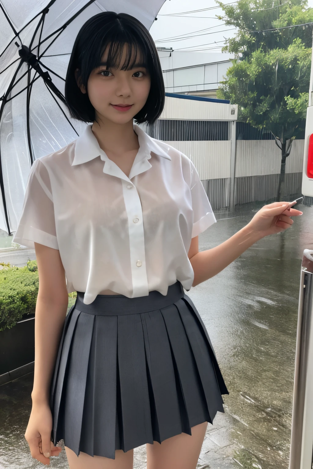 Masterpiece、highest quality、Woman 1、Super detailed、gravure　Black Hair、Short Hair　Japanese school girl uniform、Pleated skirt、see through、White panties　Bold leg spread、Skirt Lift　getting wet from rain、Basking in the rain　Rainy city、flood