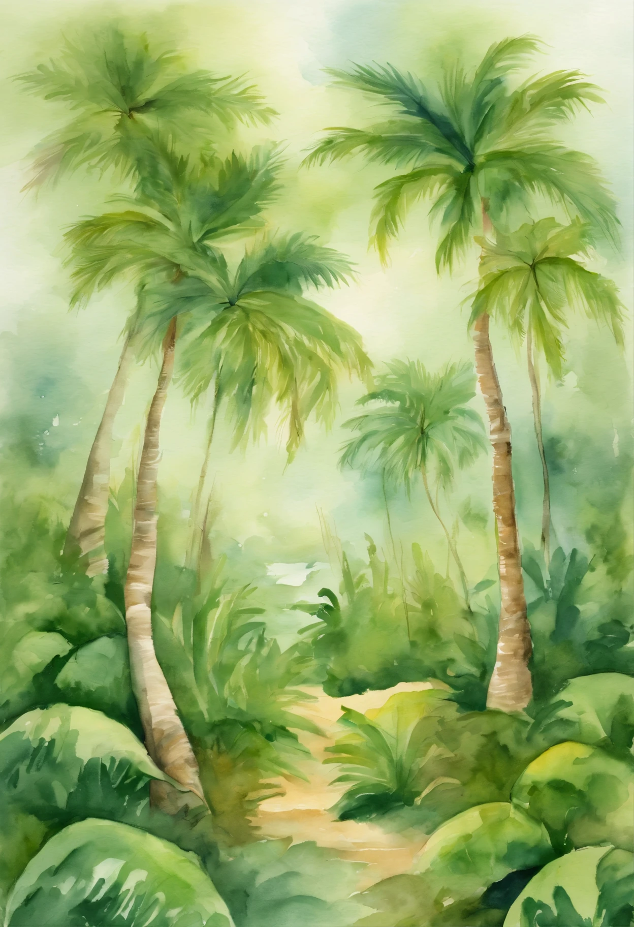 Lots of green coconuts, pre-rephaëlite painting, anime style, Fujicolor, UHD, masterpiece, high details