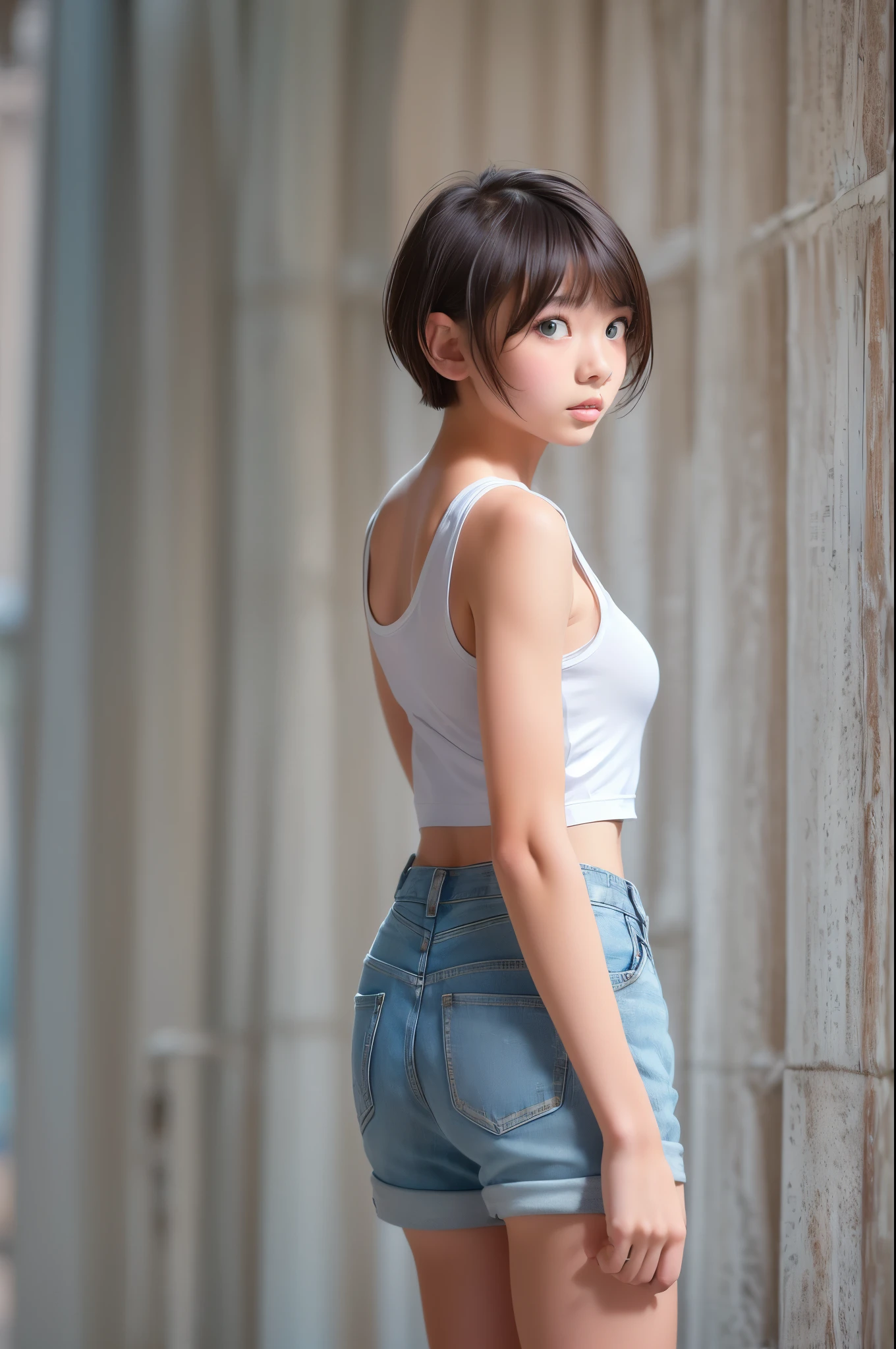 ((sfw: 1.4)), (( extra short hair, sidelocks-hair, 1Girl)),solo,((18 years old)), (wearing  white tanktop:1.5),((short denim pants)) Ultra High Resolution, (Realistic:1.4), RAW Photo, Best Quality, (Photorealistic Stick), Focus, Soft Light, ,((Japanese)), (( ( face))), (surface), (depth of field), masterpiece, (realistic), , bangs,,()