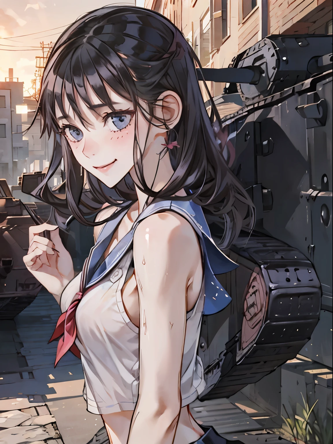 A beautiful girl goes to school in a tank、Girl and Tank、A tank and a girl are walking side by side through a residential area、Sailor 、Upper body close-up、Shy laugh、Tank in the background