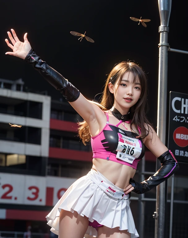 (A very cute 20 year old young woman from Japan.), ((Fine hair that is somewhere between brown and blonde)), ((Short hair with messy side waves)),(((Slim and slender figure))),Medium bust size、Small breasts、 (((Clean your hands))),(curly/curly髪),(((A very kind smile))), (((She is wearing magenta lacy panties))),(((she is wearing a colorful camisole))) ((highest quality, 16 k race, Pieces fly: 1.3)), Light on the face, Highly detailed face, Highly detailed lips, Fine grain,The background is an outdoor stadium,