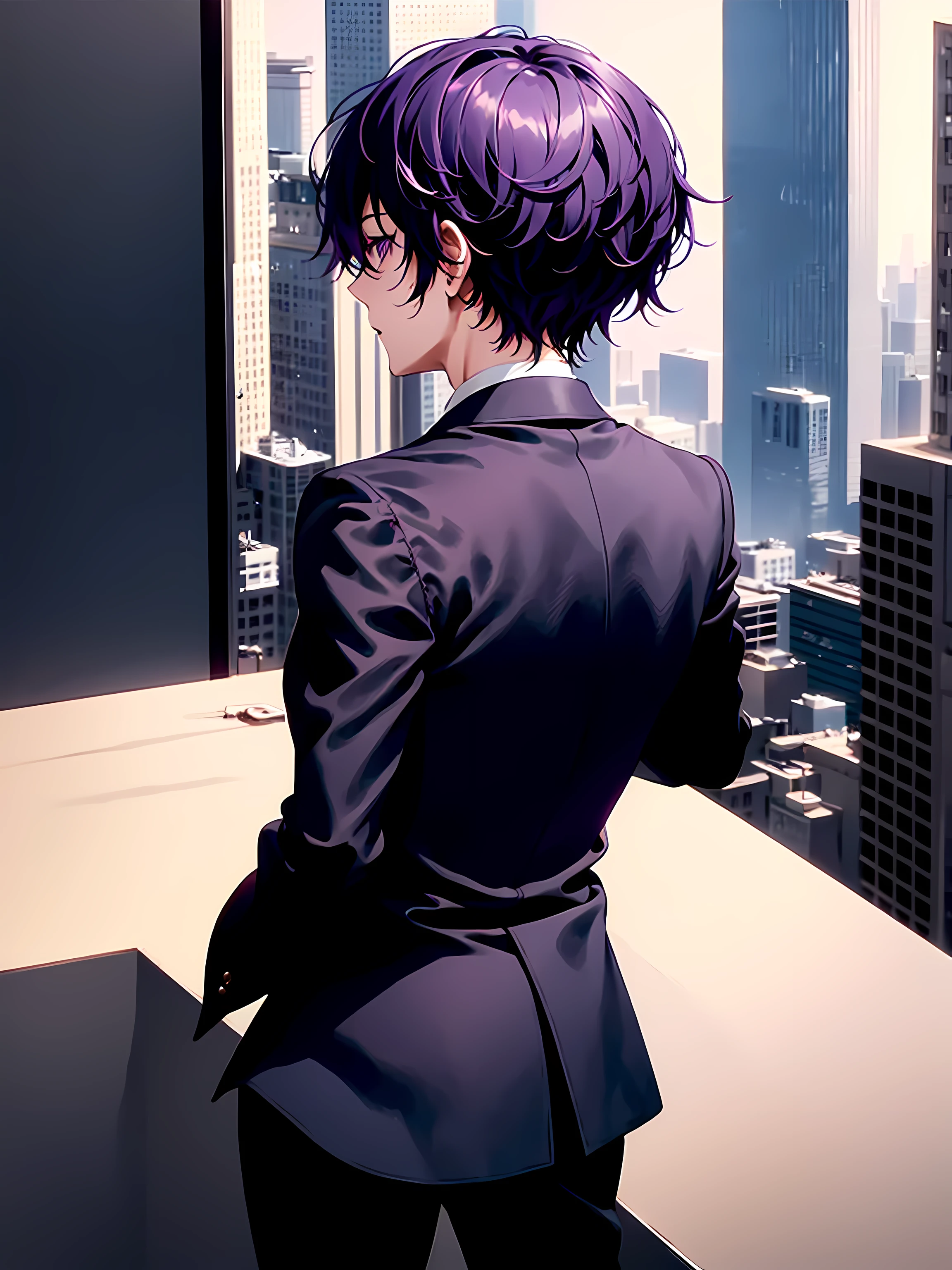 1boy, short purple hair, dark purple eyes, wearing all black suits, on top of a building, high res, ultrasharp, 8k, masterpiece, looking at viewer from behind