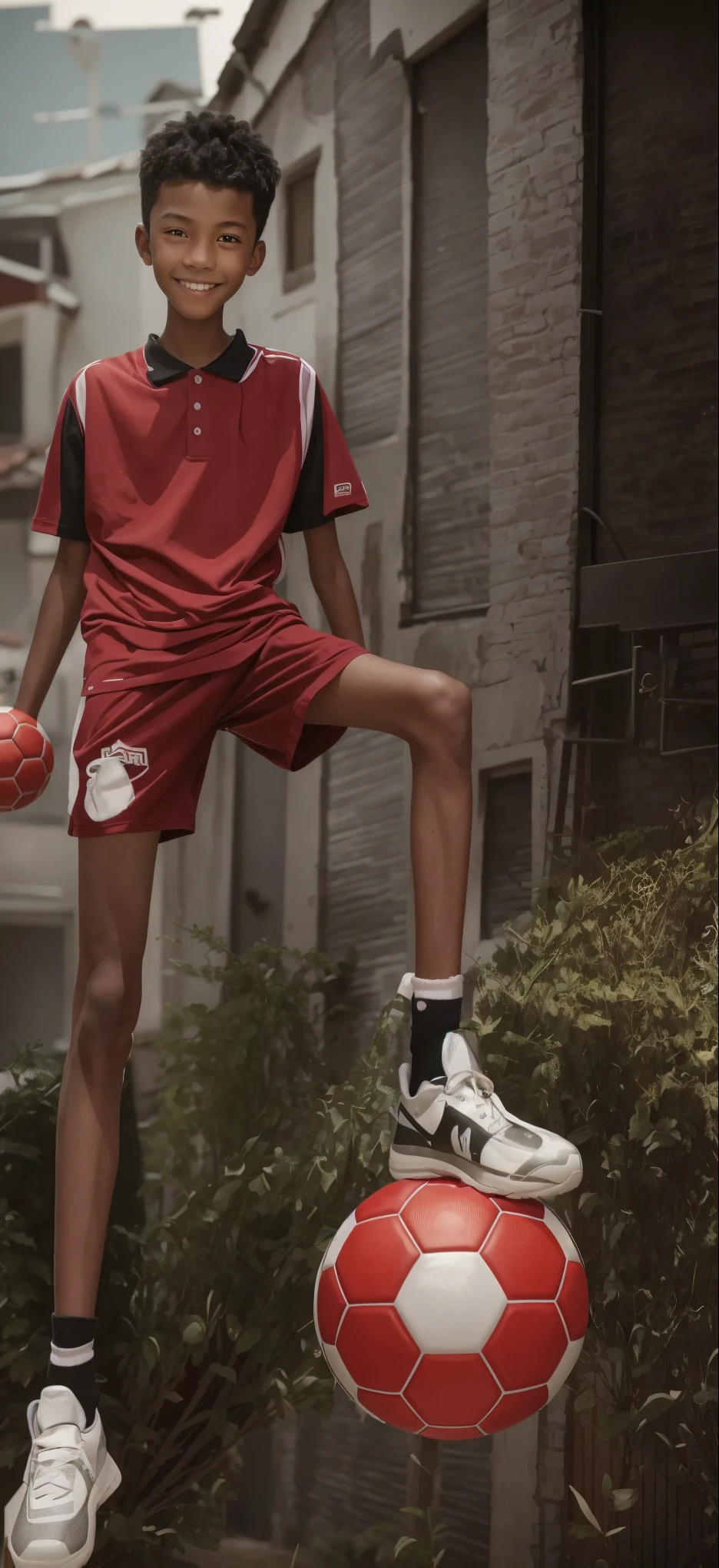 14 year old boy,(Wearing tennis clothes,Feet wearing red socks),Dark skin,Big round eyes,Very short hair,Tall and skinny,Toothy Smile,Dark Night,Playing football in the playground