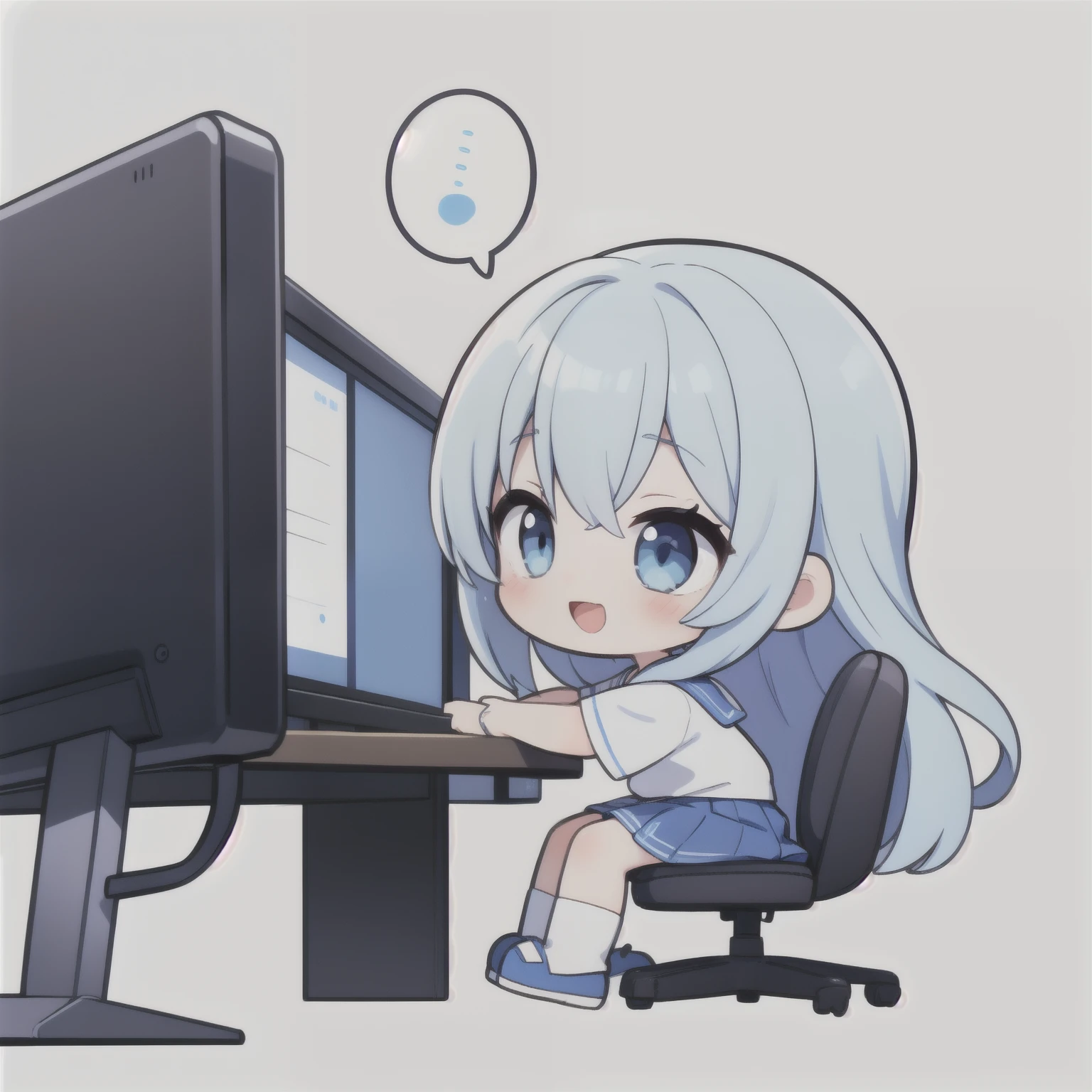 1 girl, Cute anime face girl, Big eyes, Long eyelashes,Light blue skirt,Light blue long hair,Bright Blue Eyes, k cute girl avatar, Nintendo Switchをプレイする, A happy look, Mouth open, Chibi Character, Simple Background, with outline, Sitting in a chair facing the TV, From the side, full body , profile, In a speech bubble♪