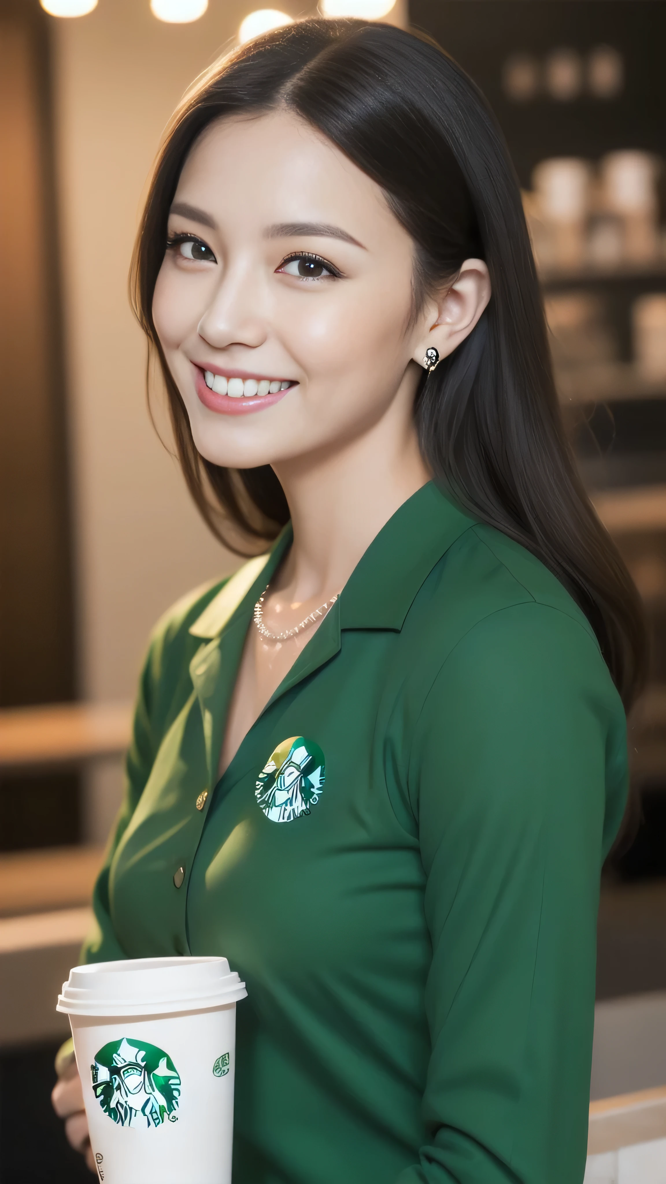 Hostess's face、Married women、Married Woman、Beauty、Starbucks Uniforms、high quality、Super Ultra Realistic、healthy、smile、Perfect figure、Japanese Beauty、 necklace、Earrings、Perfect eyes, beautiful skin、Upper Body、looking at the camera、Starbucks employee