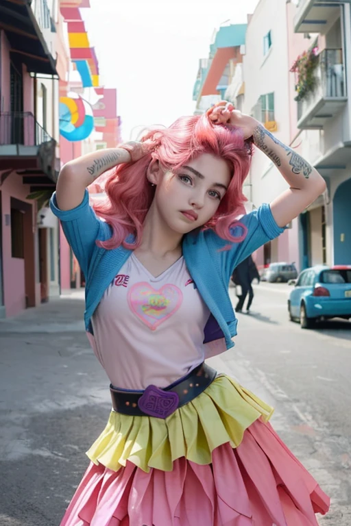 (mlpinkiepie:1.2), (Piel coloreada, PIEL ROSA:1.5), (cabello rosado:1.5), (blue eyes, pelo hinchado, rizos en espiral, parte lateral, Golpes:1.2), (top blanco con chaqueta azul, falda hinchada rosa, Purple Belt, rainbow papel picado details on skirt:1.2), papel picado, tema de fiesta, dulce, (realista:1.2), (obra maestra:1.2), (foto de cuerpo completo:1.2),(tiro de vaquero:1.2), neon lighting, dark romantic lighting, (muy detallado:1.2),(cara detallada:1.2), (gradientes), vistoso, ojos detallados, (paisaje detallado:1.2), (natural lighting:1.2),(antecedentes detallados), paisaje detallado, (dynamic pose:1.2), solo, de cerca,