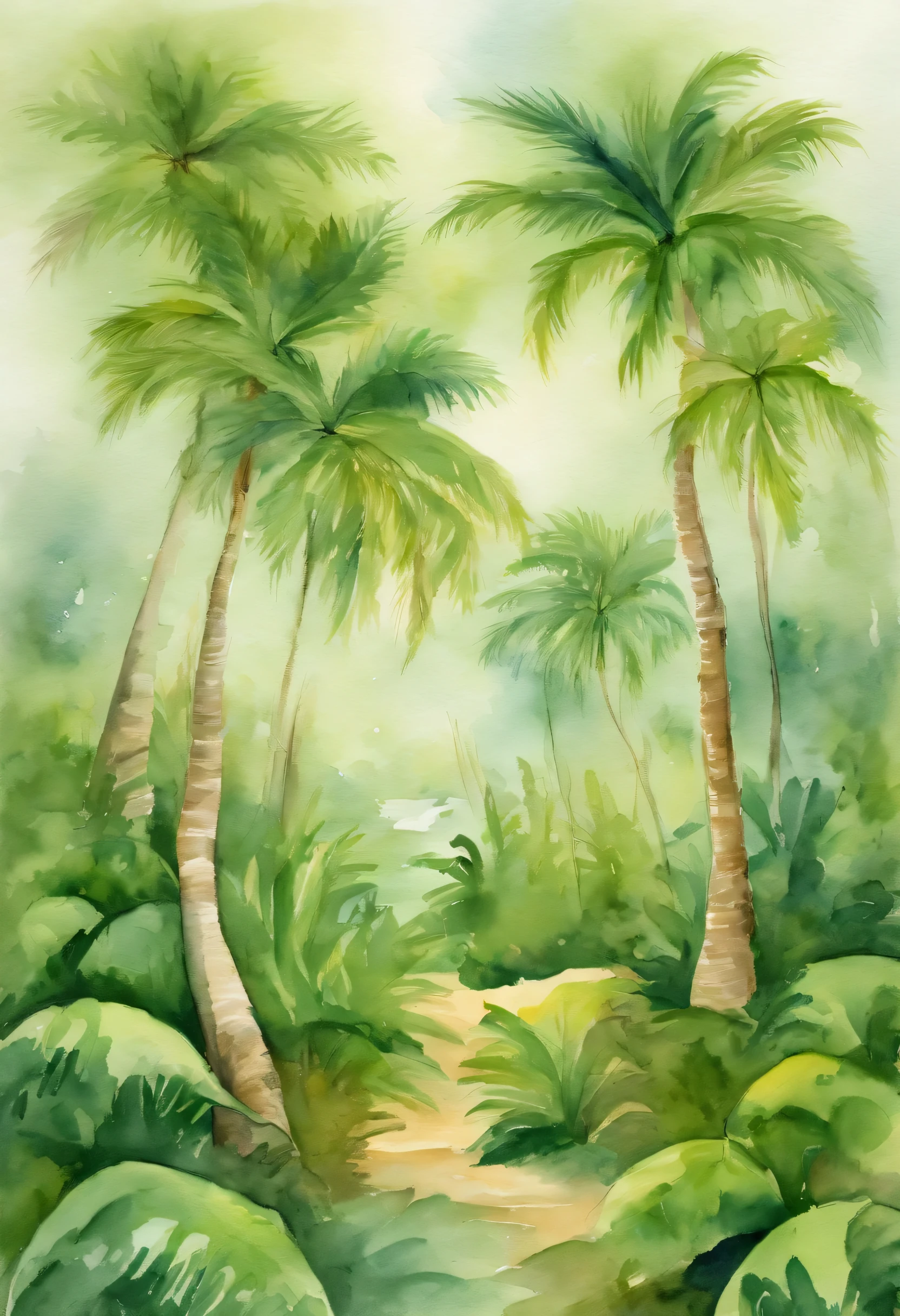 Lots of green coconuts, pre-rephaëlite painting, anime style, Fujicolor, UHD, masterpiece, high details