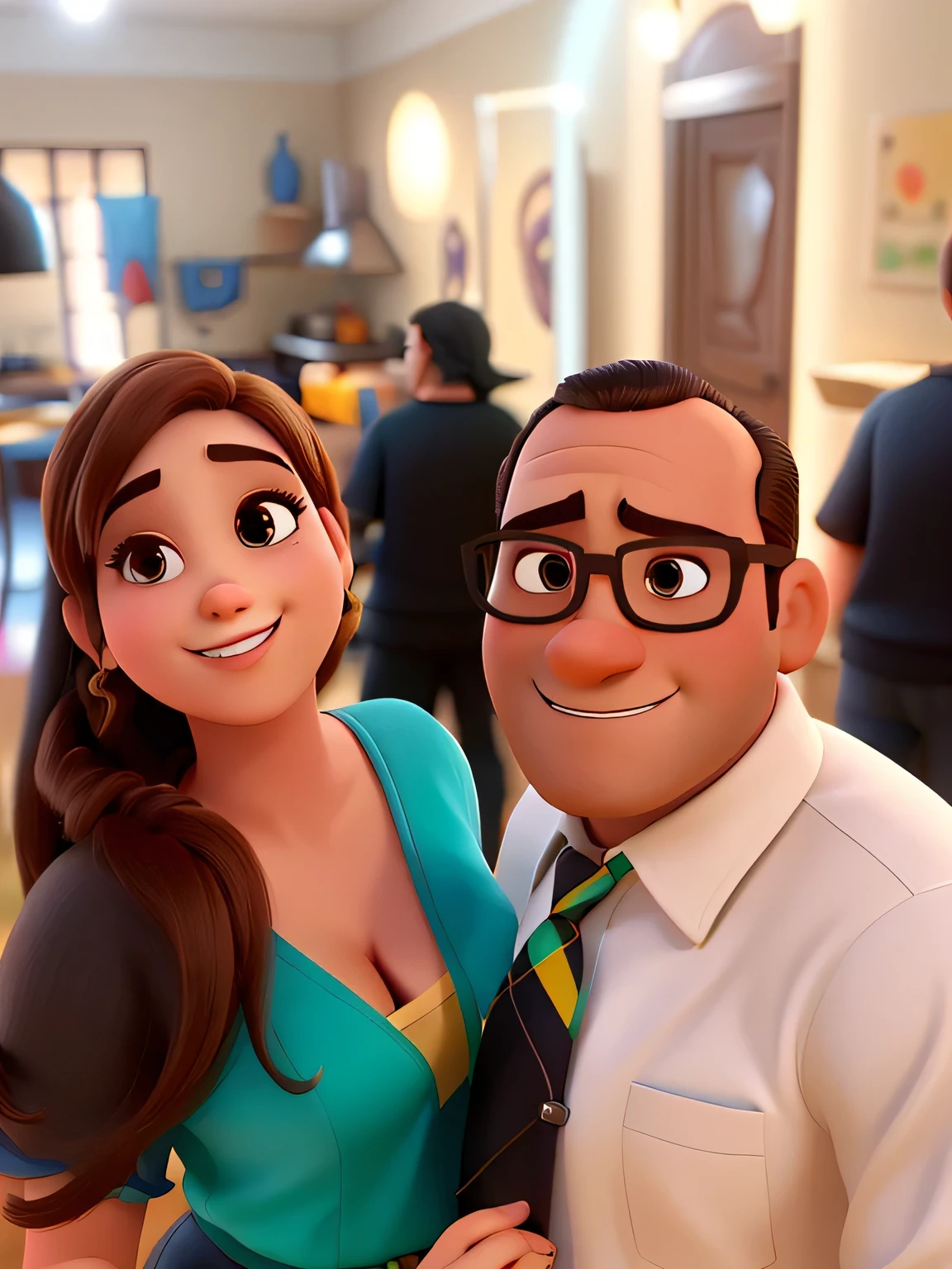 Casal (homem branco, careca e gordinho e mulher branca de cabelo preto) no estilo Disney Pixar, alta qualidade, melhor qualidade.