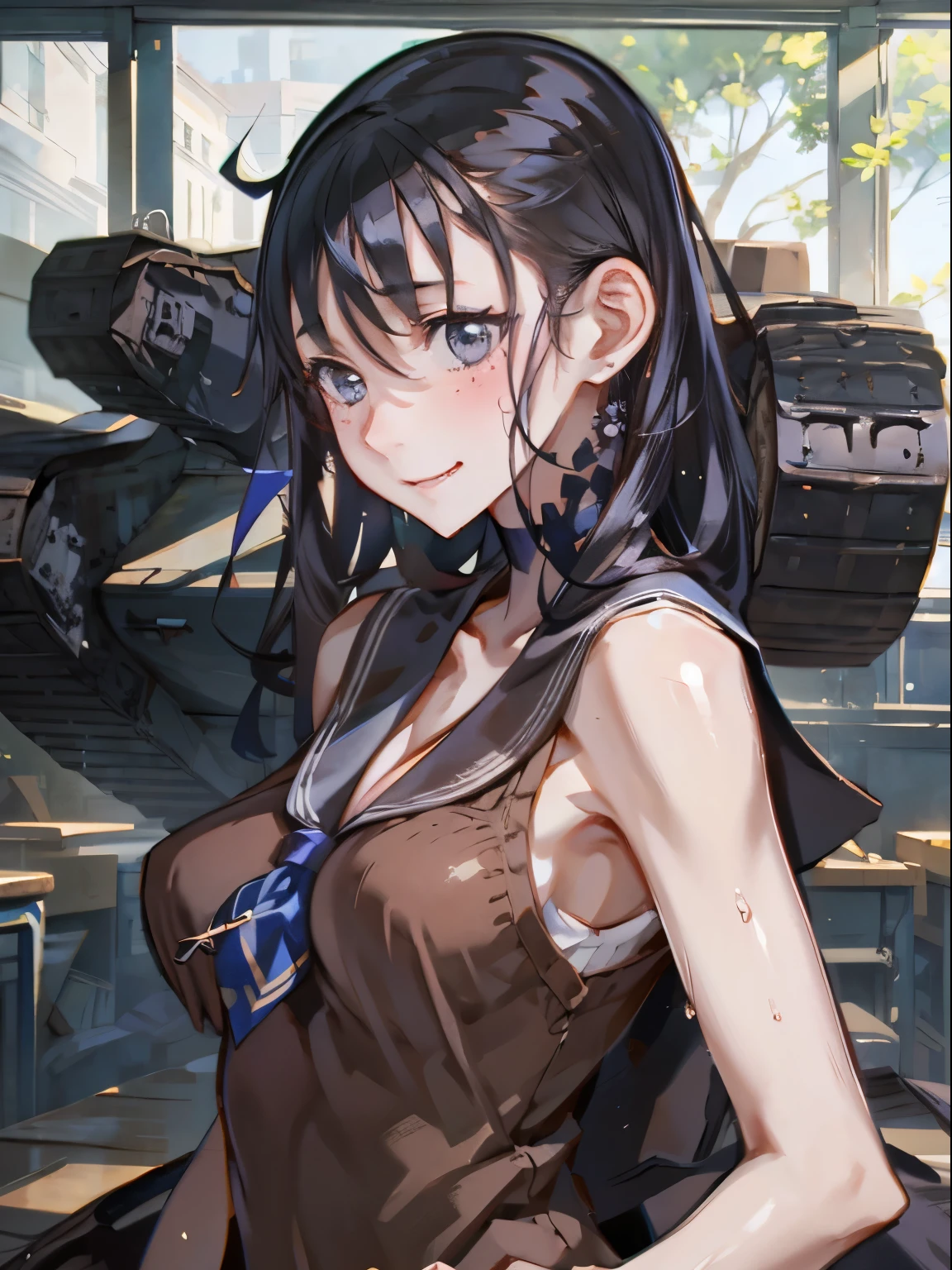 A beautiful girl goes to school in a tank、Girl and Tank、A tank and a girl walking side by side、Sailor 、Upper body close-up、Shy laugh、Tank in the background