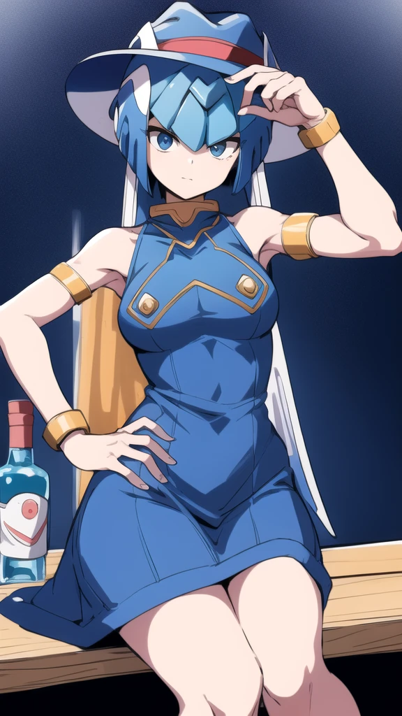 Leviathan Megaman 1 girl, looking at viewer, blue hair, Blue eyes, sea background , tight sportswear