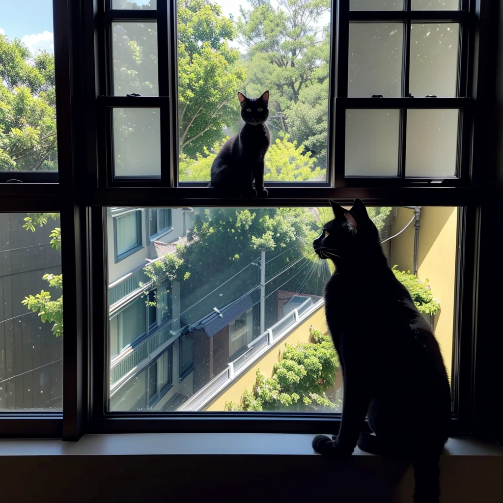 there is a black cat sitting on a window sill, cat silhouette, sitting on a window sill, black silhouette, proud looking away, cat on a windowsill, next to a window, sittin, in a sunbeam, black cat, looking into the distance, near a window window, looking off into the distance, next to a big window, looking out the window