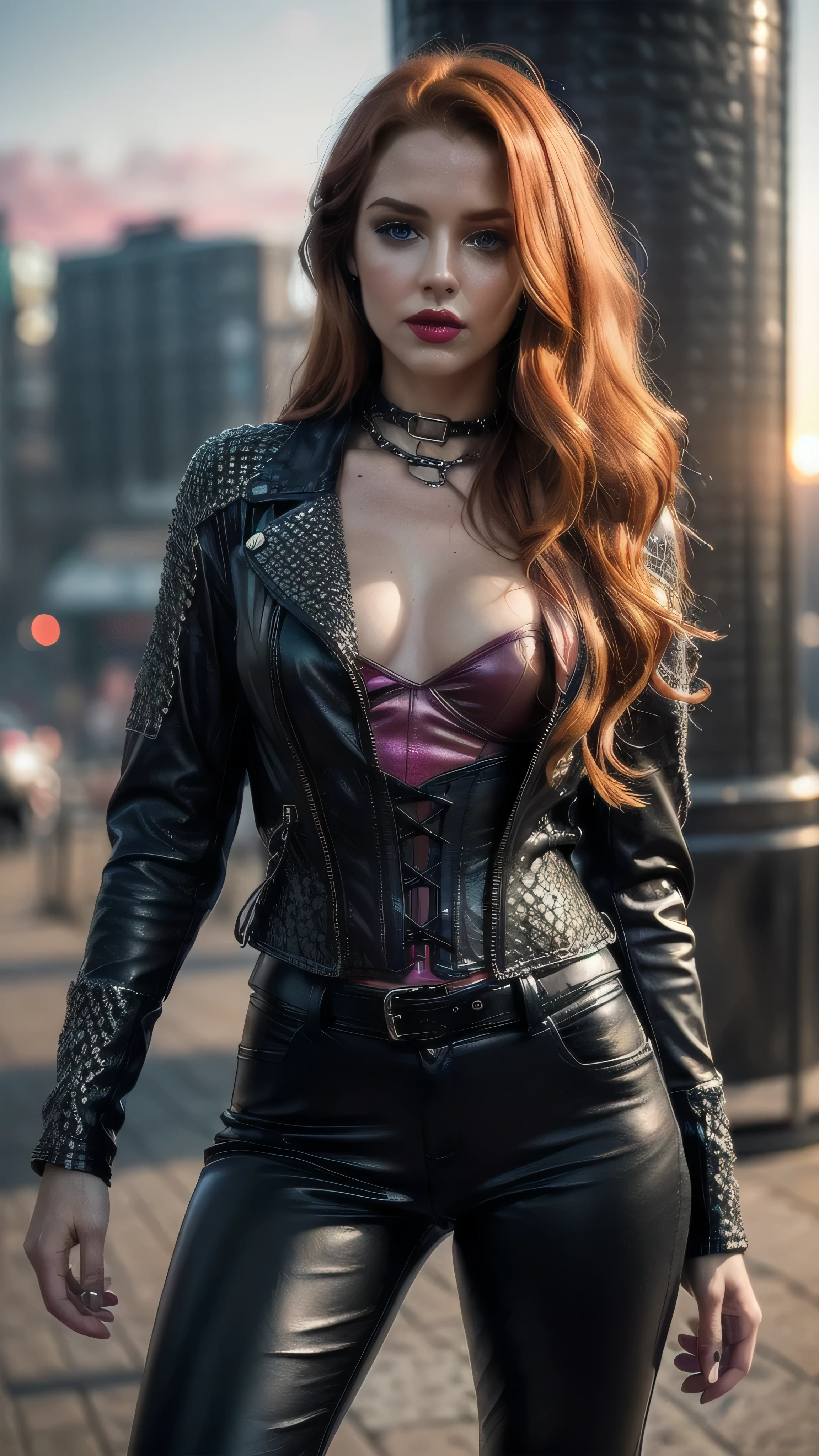 (masterpiece), (extremely intricate:1.3), (realistic), girl, (((long curly [blonde hair:bright ginger hair:0.4], (([flat chest:medium breasts:0.8])), upper body, ((makeup:1.6, leather pants, perfectchainmail black jacket), red lips, bright sunlight, sunset, tattoo:1.4, hotpink silk corset)))), outdoors, metal reflections, ((((futuristic apocalyptic city destroyed, faraway crater)))), professional photograph, soft focus, dramatic, award winning, cinematic lighting, volumetrics dtx, (film grain, blurry background, blurry foreground, bokeh, depth of field), 8K