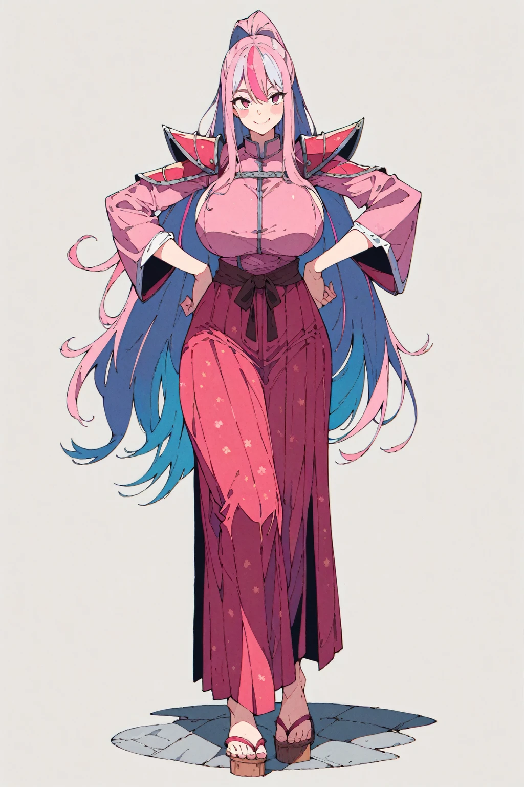 (masterpiece, bestquality, ultra-detailed, 8K high resolution, artstation on trending, Detailed Design), 

middle ages, medieval times, Medieval European fantasy, 
wind, 
(flat design, ligne claire, photorealistic:1.2), 

(1girl, fullbody, looking at viewer, front view:1.2), 
(very long high ponytail, Long hair that touches your feet, pink streaked hair, white streaked hair, japanese, (pink samurai woman, dark pink hakama:1.2), hakama skirt, pink Kendo uniform,dark pink geta, pink samurai armor, sakura-patterned clothing, Pink dress with impossible cherry blossom pattern that completely sticks to the chest, light pink hair, (long bangs between the eyes:1.2), Yamato Nadeshiko, thick eyebrows, Wide Eyes, Big eyes, A kind face, smile:1.2), 
(gigantic saggy breasts, gigantic hard nipples), (pawg), (thin thighs, thick calf), slender body, (thin waist), mature milf, puffy lip, lewd, vulgar, erotic, A little tall,
(standing contrapposto pose, spread legs, Hands on hips:1.2), 
(white background:1.2),