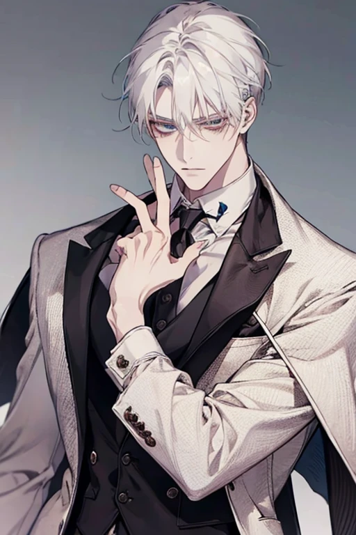 (masterpiece), best quality, expressive eyes, perfect face, ((1boy korean idol)), elegant, white hair, suit, casual wear, techwear, sharp jawline, handsome, smooth face, masculine hands, best hands, pale skin, modern, tall, slender, neutral colored clothes, zoomed in, focused, HD wallpaper quality, good hands, detail, more detail, masculine