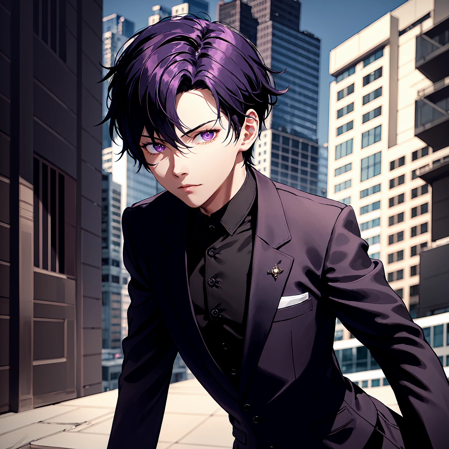 1boy, short purple hair, dark purple eyes, wearing all black suits, on top of a building, high res, ultrasharp, 8k, masterpiece, looking at viewer from behind