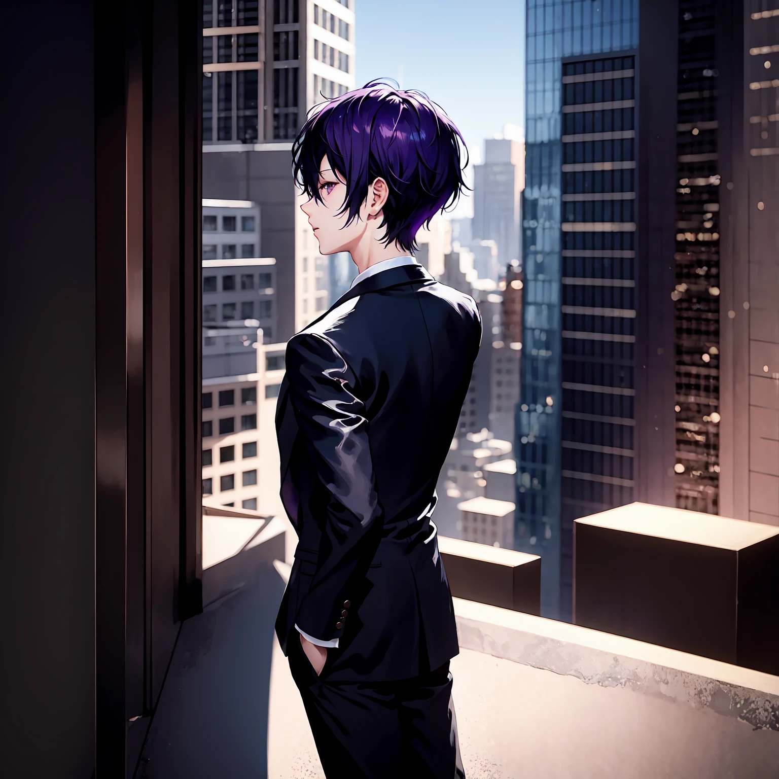 1boy, short purple hair, dark purple eyes, wearing all black suits, on top of a building, high res, ultrasharp, 8k, masterpiece, looking at viewer from behind