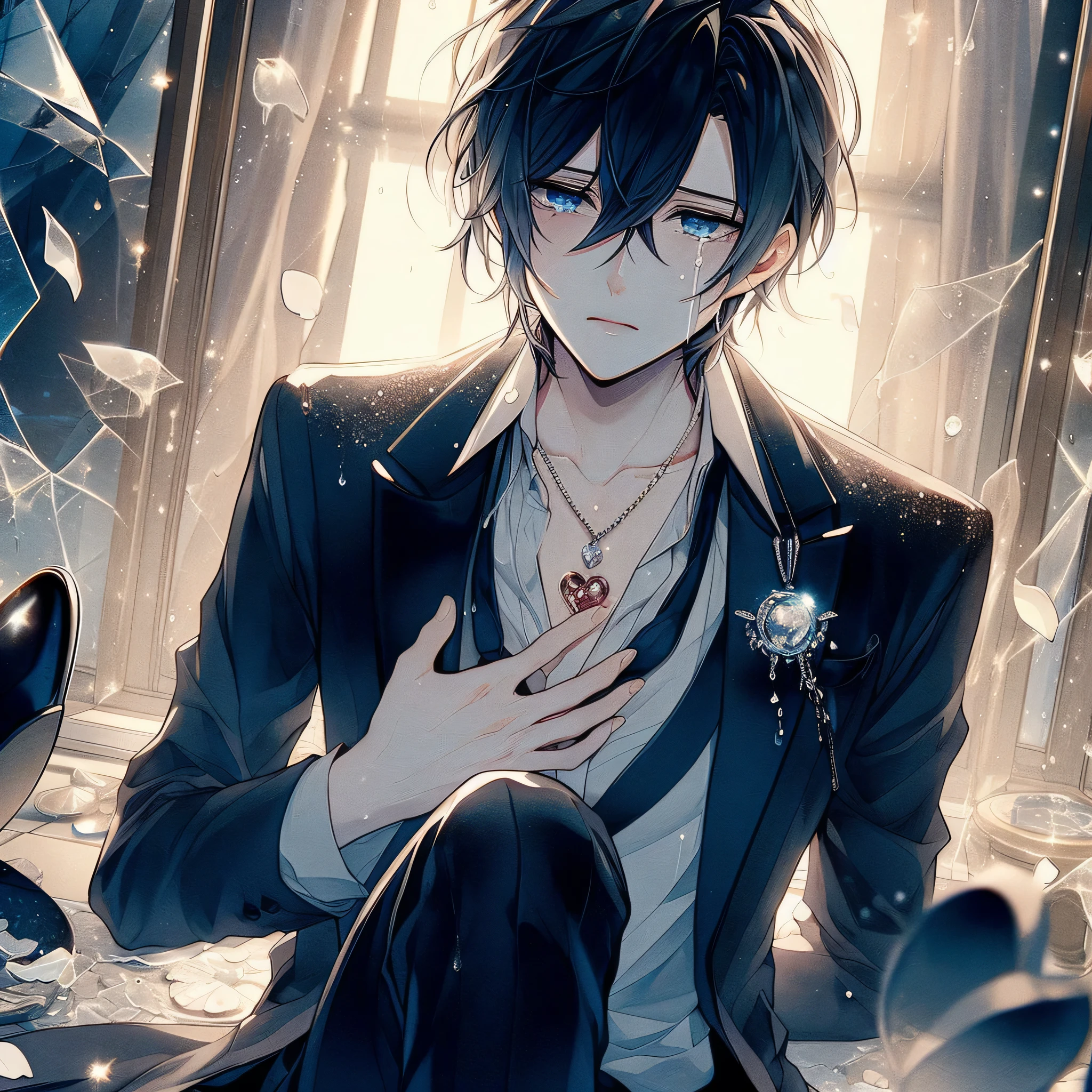 How bright it is when you cry,tears,Are crying,Laugh and cry,Beautiful youth, Jet black hair, deep blue eyes, Elegant but disheveled formal attire, Sitting on the floor, Holding my knees, Please smile even if you shed tears, Sparkling broken heart pendant, pink々pink々dark room with broken mirror, While watching the falling petals, Delicate tears like raindrops and soft light that envelops the characters..