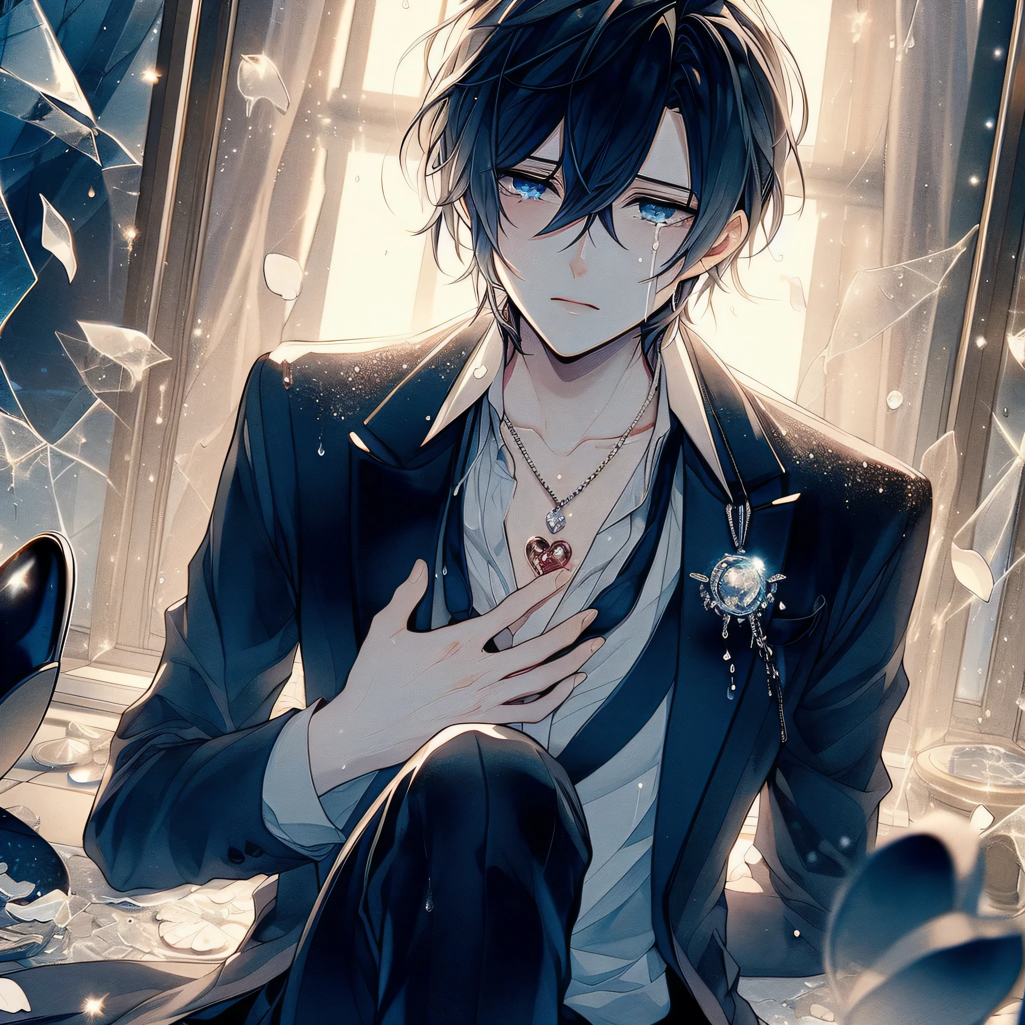 How bright it is when you cry,tears,Are crying,Laugh and cry,Beautiful youth, Jet black hair, deep blue eyes, Elegant but disheveled formal attire, Sitting on the floor, Holding my knees, Please smile even if you shed tears, Sparkling broken heart pendant, pink々pink々dark room with broken mirror, While watching the falling petals, Delicate tears like raindrops and soft light that envelops the characters..