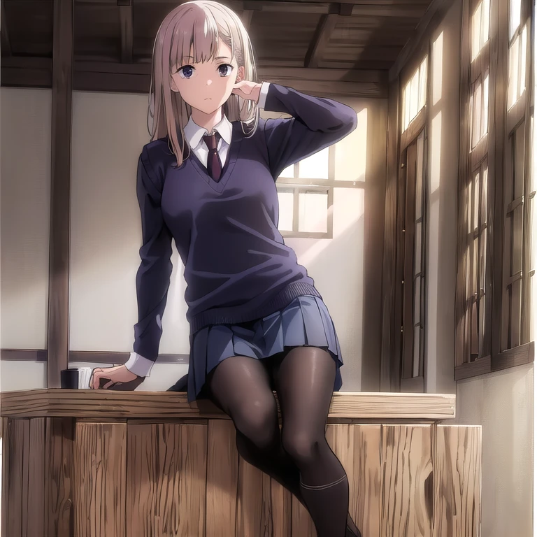 (best quality,4k,8k,highres,masterpiece:1.2),umasterpiece,high quality,solo,
sasaki,1girl,
Tied brown hair, lilac eyes,
,white shirt,collared shirt,necktie,sweater vest,
pleated skirt,
socks,
shoes,
night,school,corridor,hiding,