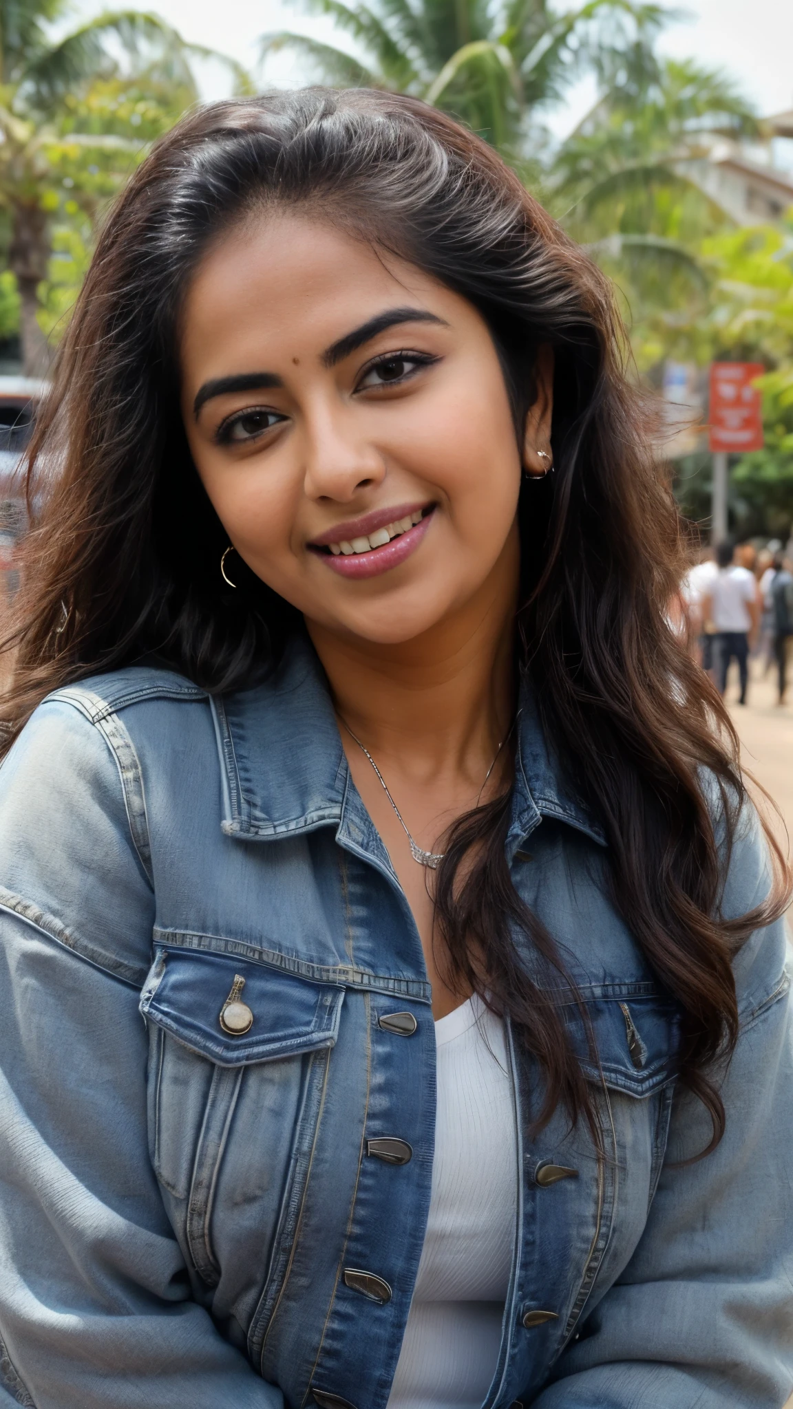 extreme closeup photo of ntg avika gor seductive look, begging crowd for sex on road, denim jacket, braless, sultry, erotic, smile