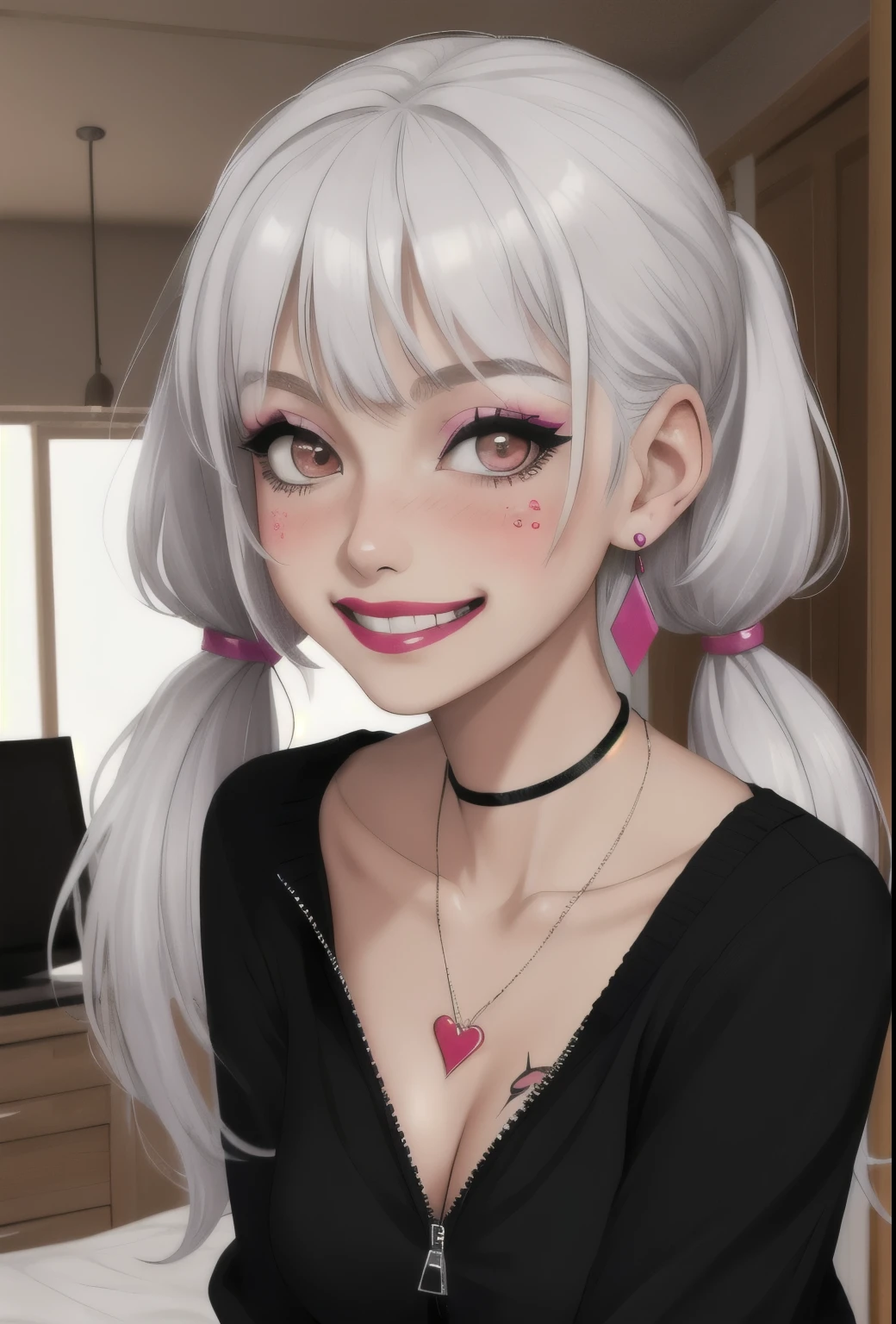 1girl, Holo-Punk Style, woman, masterpiece, white hair, best quality, indoors,shy, grin, messy twintails, makeup, dynamic pose, blush, black shirt, unzipped white sweater, blush, earrings, ruby necklace, breasts, lipstick, collarbone tattoo
