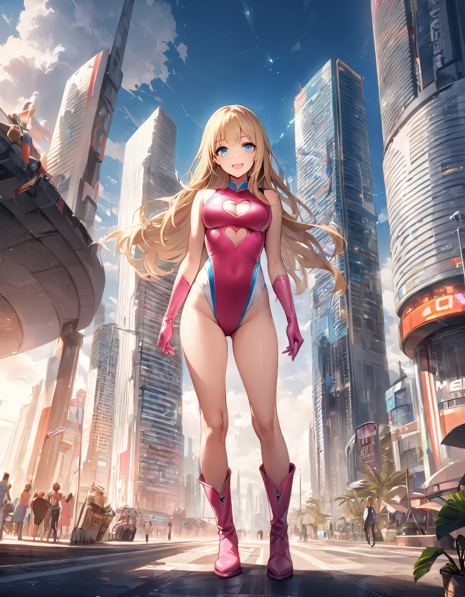 ((masterpiece)), ((best quality)), ((high res)), 1girl, solo, solo focus, (leotard, gymnast outfit leotard, pink leotard, sleeveless, bare legs), matching boots, looking at the viewer, miami city backdrop, perfect hands, complete fingers, perfect anatomy, perfect proportions, medium breasts, (blonde hair, long hair, mid-length hair, hair down, bangs), knee boots, blue eyes, beautiful detailed eyes, beautiful detailed face, cute face, (cleavage heart cutout), pink gloves, pink footwear, superhero, casual, smile, single, standing, standing straight, full body with costume, :d