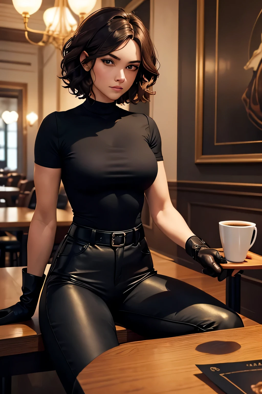 masterpiece, best quality, black pants, black tight shirt, short shirt middriff cutoff, looking  at viewer, wavy hair, brown hair, short hair, age 22, high legs, boots, gloves, fancy restaurant, secret spy, muscular, beautifully face, no spots, dynamic pose, sitting in a chair, table in front, coffee on the table