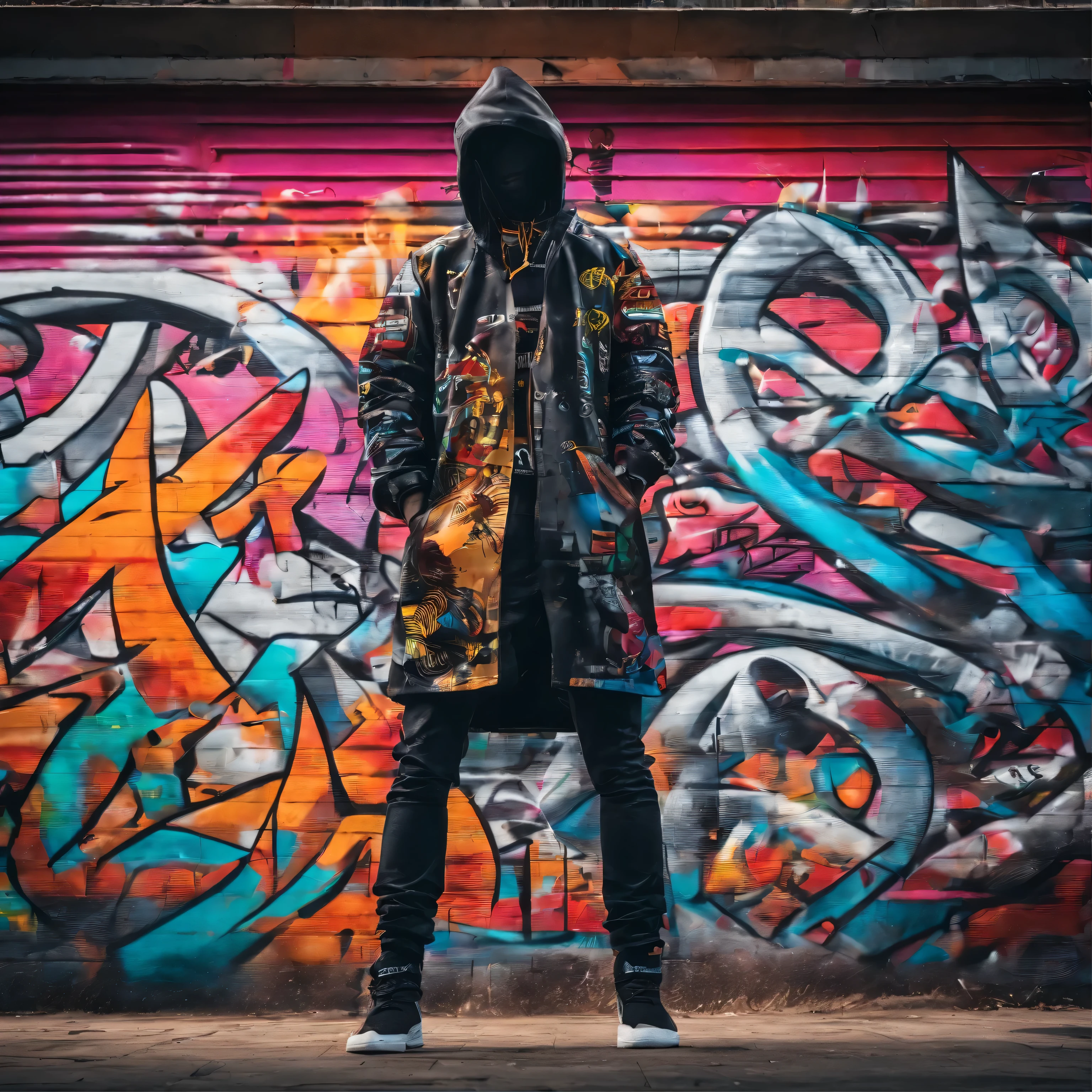 GROUND shot view ,A MAN graffiti artist, wearing a jacket, in the background of a wall with a graffiti drawing of a samurai , 3D style、SPRAY PAINT, (graffiti wall)、UTRA DETAILED ARMOR, ULTRA DETAILED SWORD, hyper-detailed art、award-winning work, IMPACTFUL VISUAL, outdoor ARTWORK, CINEMATIC LIGHTING, ARTISTIC DETAILS, DYNAMIC SHADOWS ,ATMOSPHERIC EFFECTS, GRAFITI TEXTURES, HIGH-DEFINITION, IMMERSIVE ENVIRONMENT, SUBTLE COLOR GRADING, AUTHENTIC ATMOSPHERE, DETAILED TEXTURES, award winning ARTWORK, MASTERPIECE ARTWORK, trending on artstation, HDR, UHD, 4K, BY EDUARDO KOBRA.