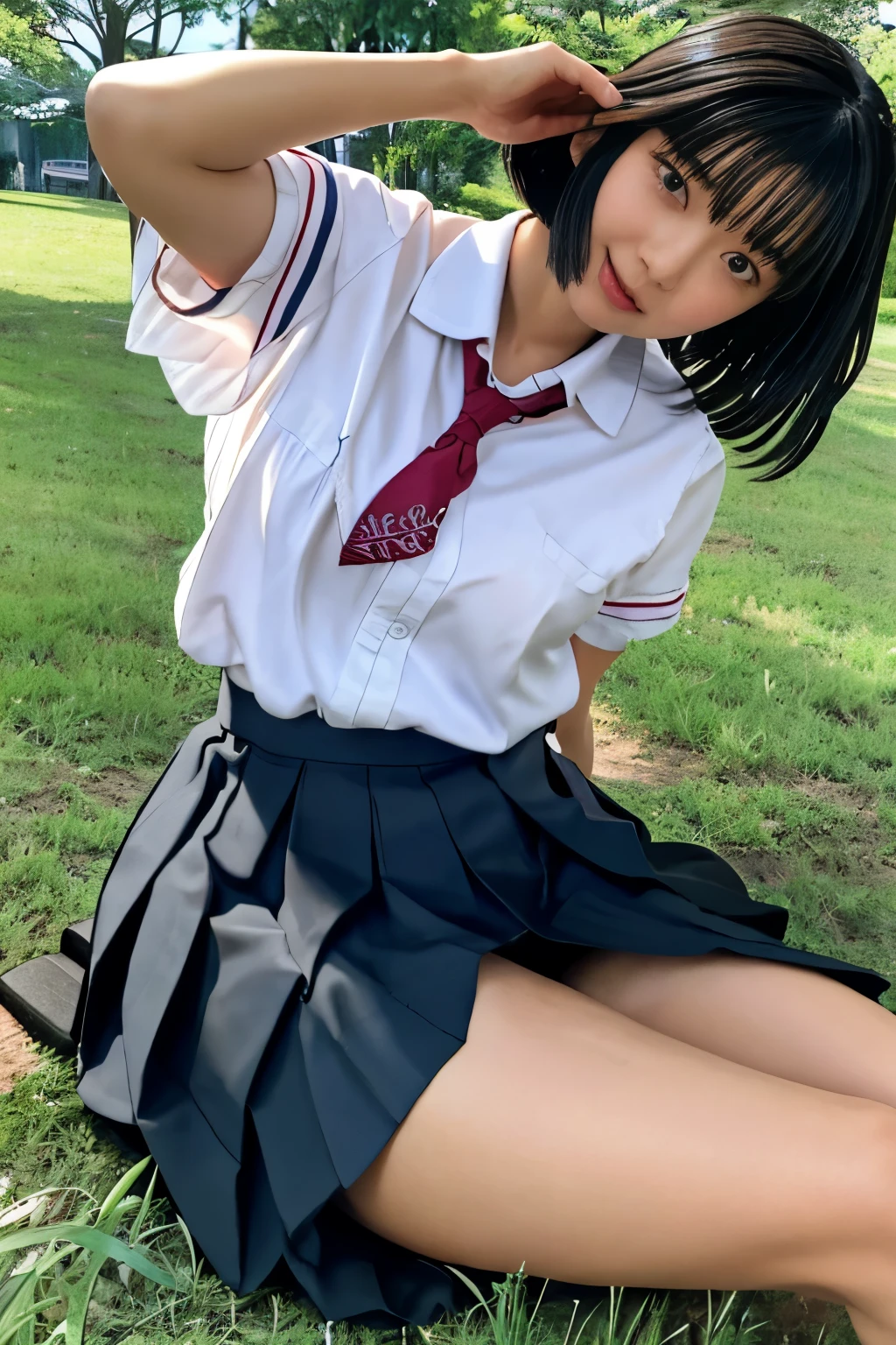 Masterpiece、highest quality、Woman 1、Super detailed、gravure　Black Hair、Short Hair　Japanese school girl uniform、Pleated skirt、panties　Sit on the ground、Bold leg spread、Skirt Lift、自分でSkirt Lift、Pull up your skirt　Town