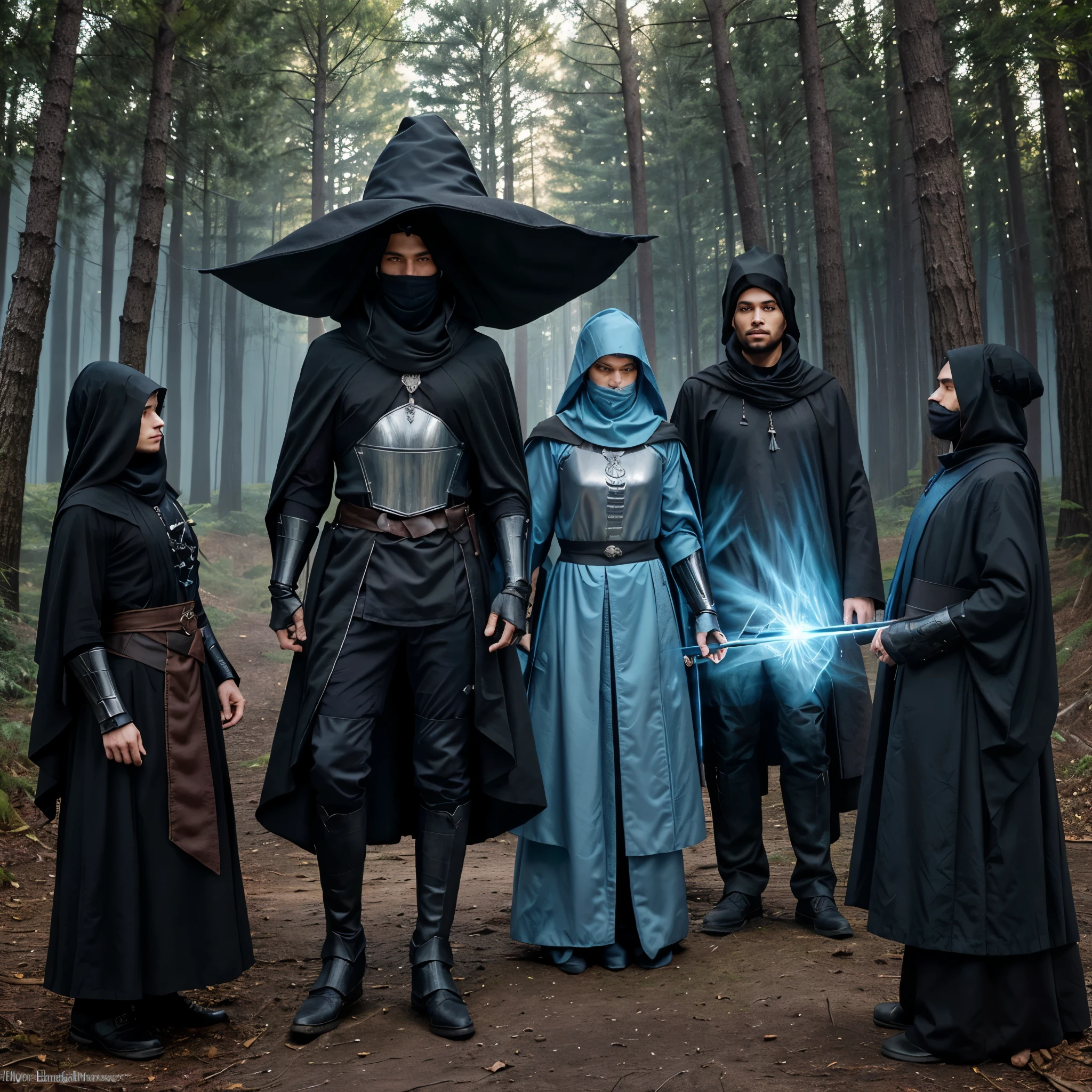 a trio of a male wizard with a large black hat and a long dark gray veil covering the entire body of the forest element and a male warrior with light blue armor and a wooden dog in the middle of a forest