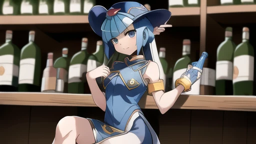 leviathan_megamanz, 1 girl,Watching the viewer, Sitting on a stool, leaning on a bottle of tequila in her hand, cowboy dress, Cowboy hat, watch on right arm