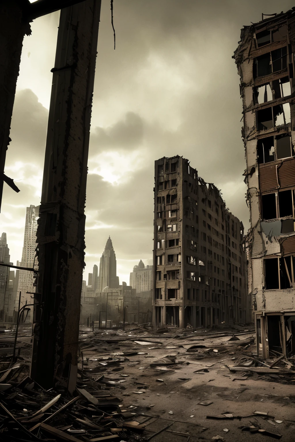A deserted city, (abandoned: 1.4), ruins of a once grand metropolis, (gritty texture: 1.3), (looming buildings: 1.2), (broken windows: 1.3), a hauntingly beautiful scene, HDR, (melancholic mood: 1.1), cinematic perspective, (dramatic shadows: 1.2), (rusty metal: 1.3), (cracked pavement: 1.1), a masterpiece of urban decay, best quality, ultrahigh resolution, a poignant remnant of the past, (crumbling infrastructure: 1.2),